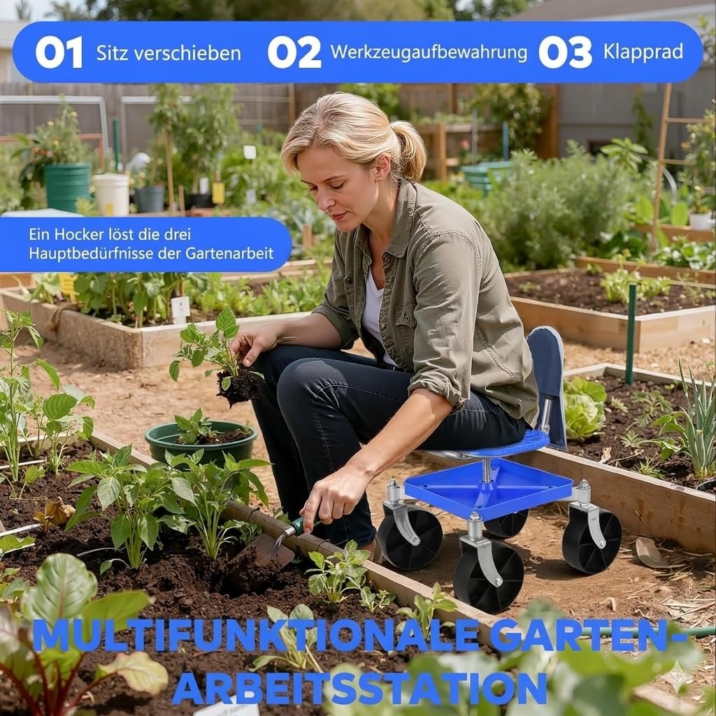 Gartensitz mit Rollen Garten Rollsitz – 360° Schwenkfunktion & Höhenverstellung, Werkzeugablage für Gärtner Senioren bei Gartenarbeit (Lenkrolle)