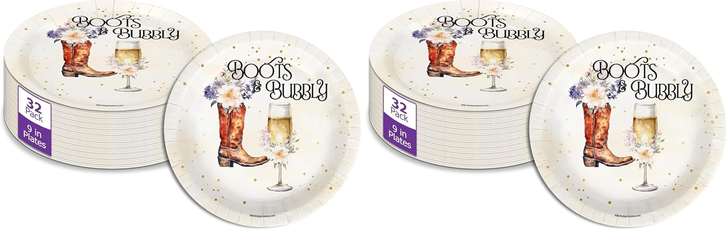Birthday Galore Boots and Bubbly Bridal Shower - 32 Piece Disposable Party Supplies - Western Bridal Shower Decorations - Round Party Plates - Large 9" Paper Plates In Bulk (Pack of 2)