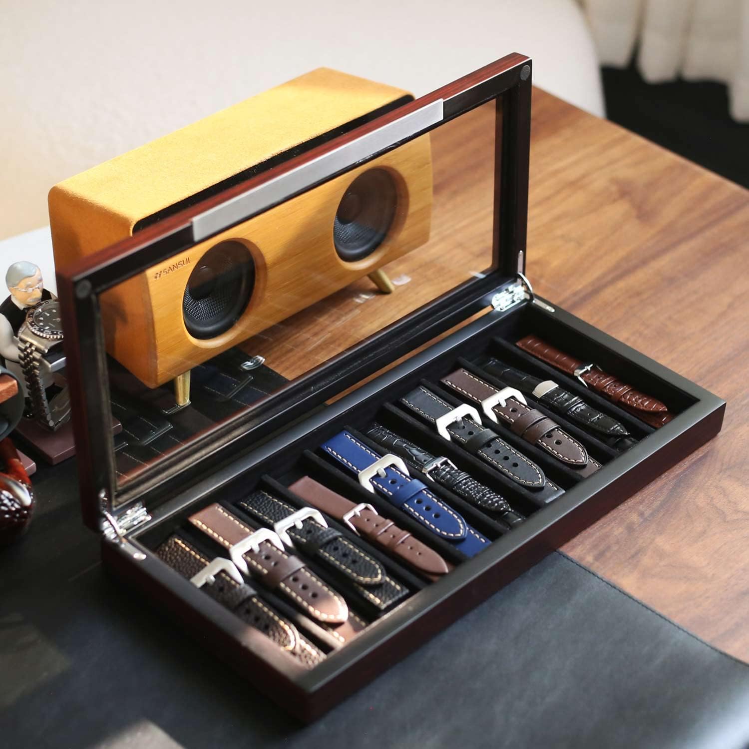 Watch Band Organizer Case for Men or Women Holder 10 Watch Band, Wooden Watch Band Storage Box with Real Glass Window