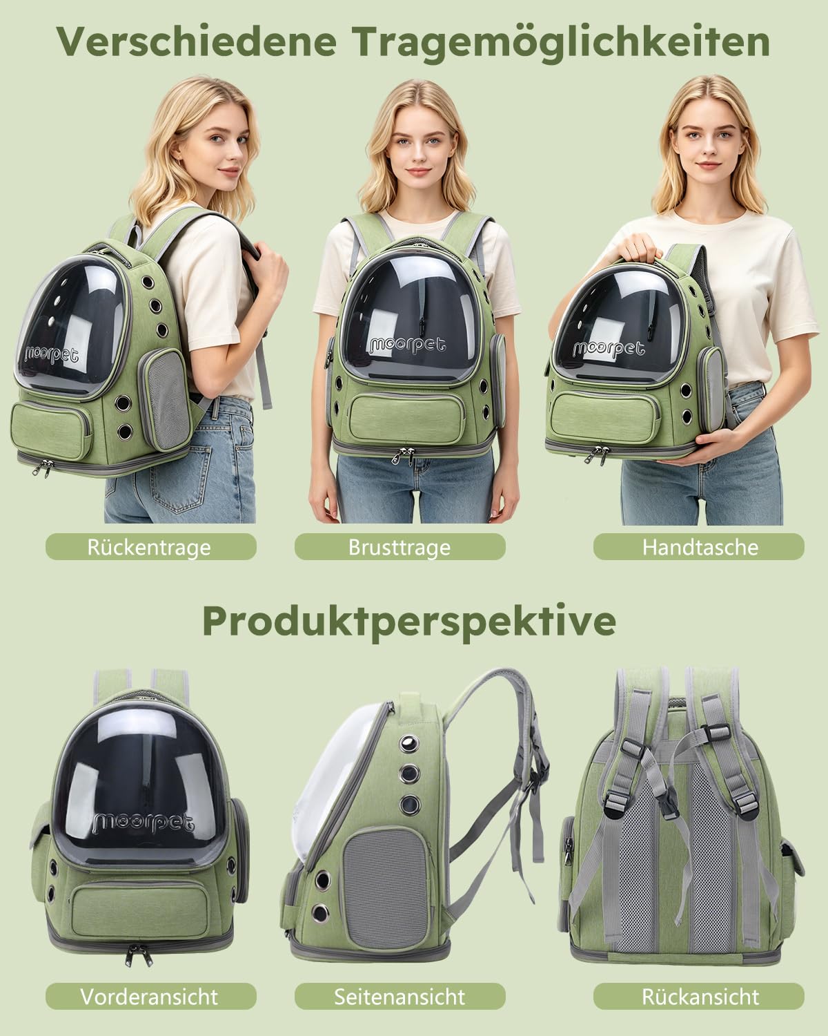 PETCUTE Katzenrucksack mit Fenster,Tragbar Raumkapsel Haustier Rucksack Belüften mit Herausnehmbarer Matte,Hunde Reise Rucksack Träger mit Sicherheitsleine,für Auto Wandern,Armeegrün