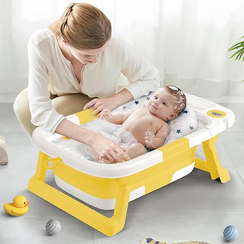 Miniatura 7 de Bañera plegable para bebé, bañera para bebé con termómetro y cojín suave, bañera para recién nacidos a niños pequeños de 0 a 36 meses, bañera