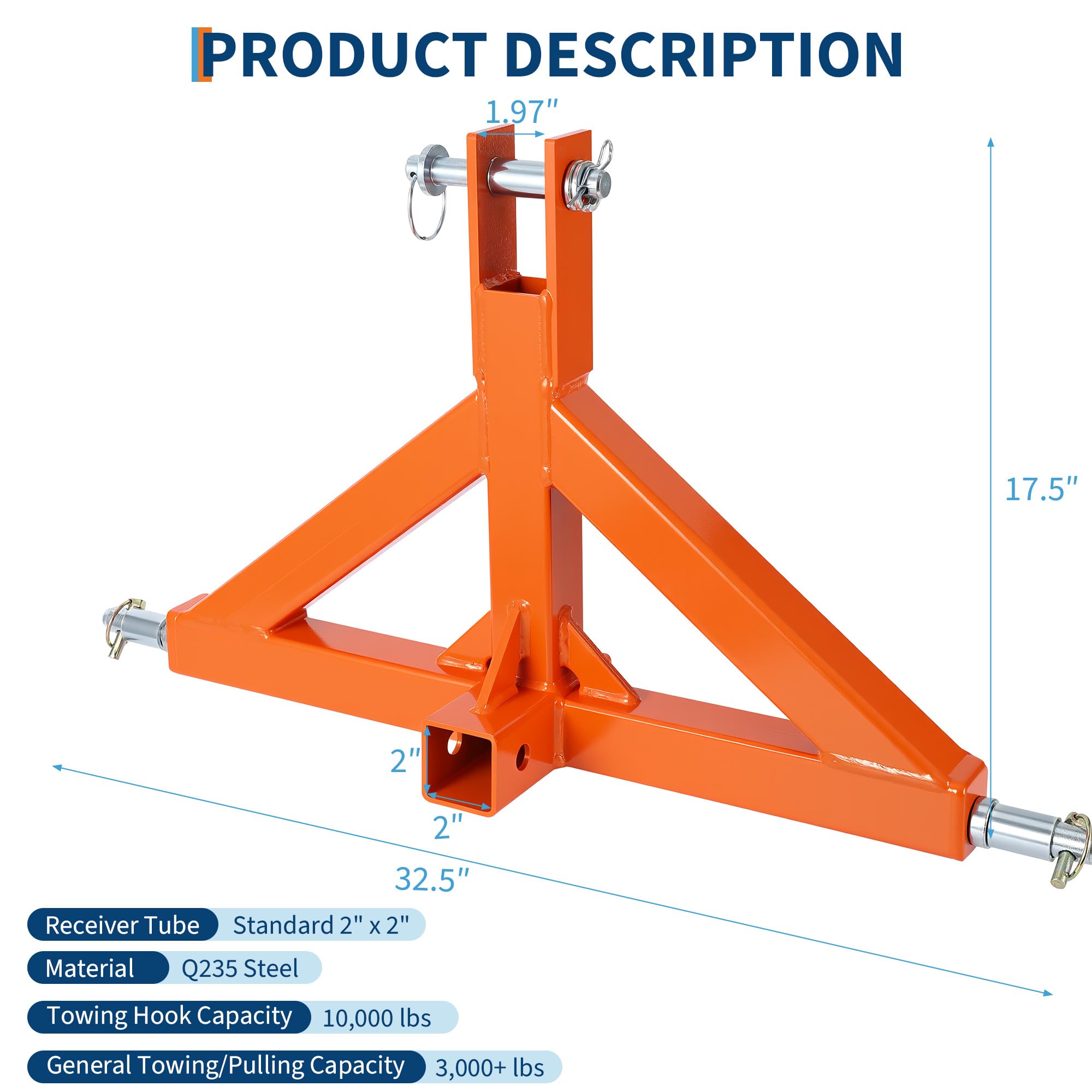 Robustesse et installation rapide – Attelage 3 points renforcé pour tracteur catégorie 1 & 2 – Adaptateur barre de remorquage avec récepteur 5,08 cm et crochet de traction – Capacité 4535 kg,