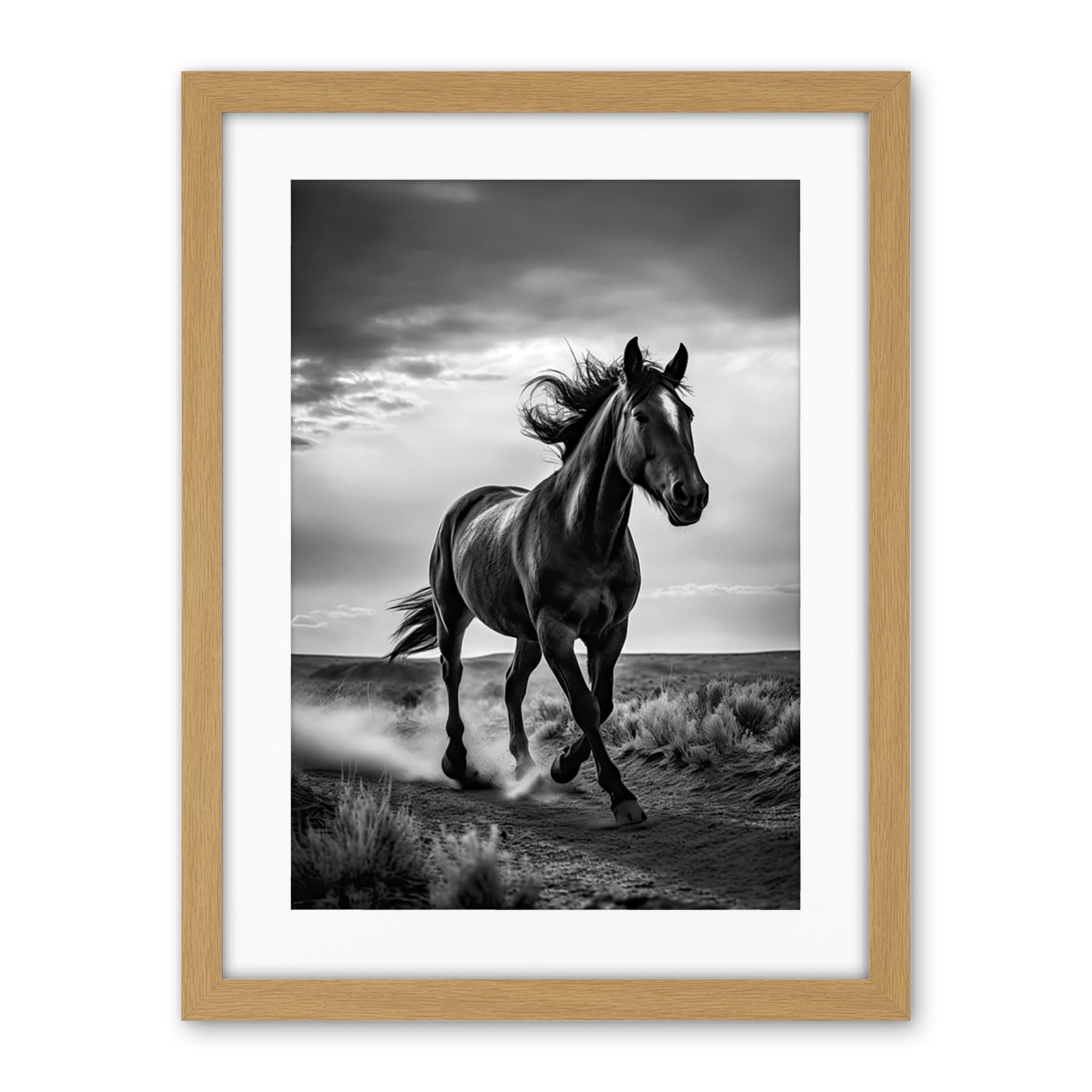 Artery8 Horse Galloping Desert Landscape Black and White Artwork Framed Wall Art Print 18X24 Inch