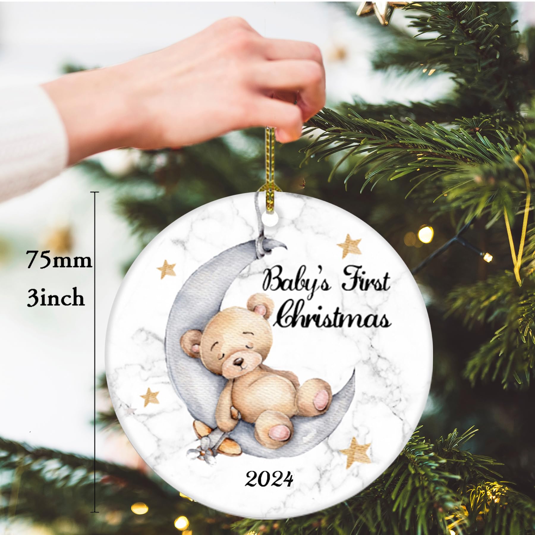 Baby's First Christmas 2025 Boy Bear on The Moon Baby Ornament Christmas Wedding Decoration Baby Ornament Newlywed 2025 (Yellow and White Baby Bear)