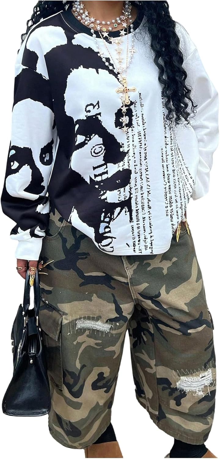 Floerns Women's Halloween Long Sleeve Sweatshirt Crewneck Fall Outfit Oversized Pullover Tops