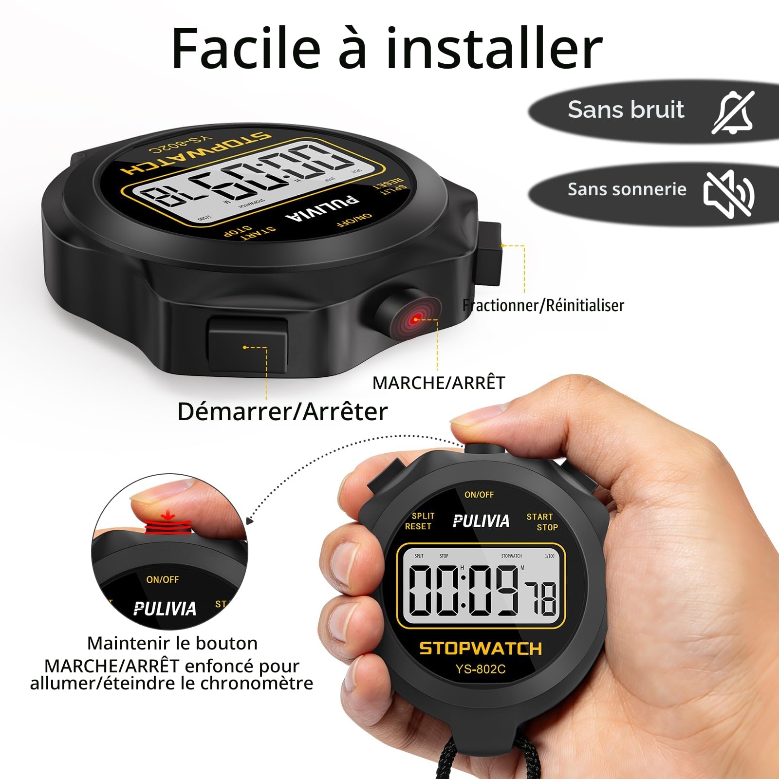 Chronometre Sport Numerique Noir avec Bouton Marche/Arret et Fonction Silencieux