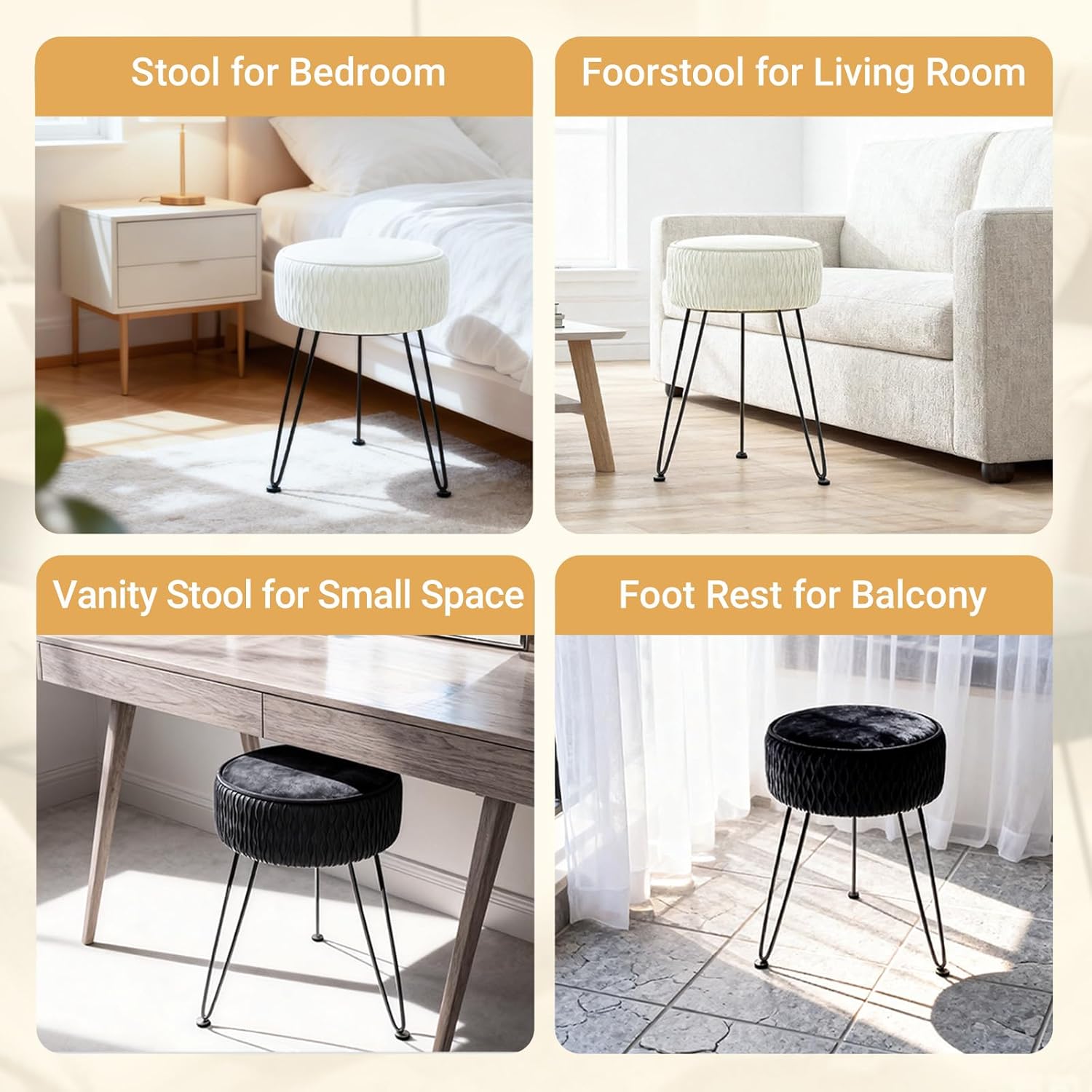 Velvet Vanity Stool Footrests, Round Ottoman Vanity Chairs with Anti-Slip Feet, Dressing Table Seat Foot Stool with Black Legs, Furry Padded Seat Side Table for Makeup Bedroom, White
