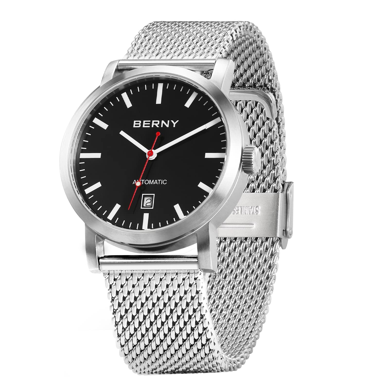 BERNYClassic Automatic Watch for Men Mechanical Self Wind Wristwatch Stainless Steel Strap 5ATM Waterproof Luminous