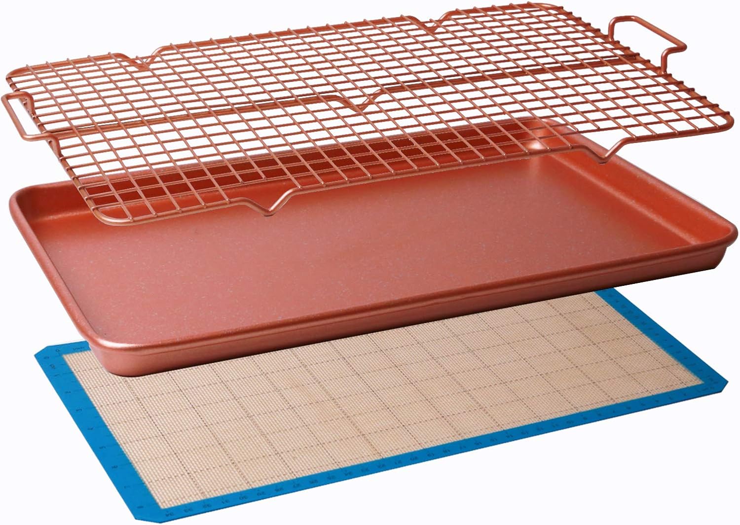 CasaWare 3pc Ultimate Commercial Weight 15 x 10 x 1-inch Cookie Sheet/Cooling Grid/Silicone Mat Bakeware Set (Rose Gold Granite)