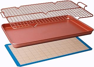 CasaWare 3pc Ultimate Commercial Weight 15 x 10 x 1-inch Cookie Sheet/Cooling Grid/Silicone Mat Bakeware Set (Rose Gold Granite)