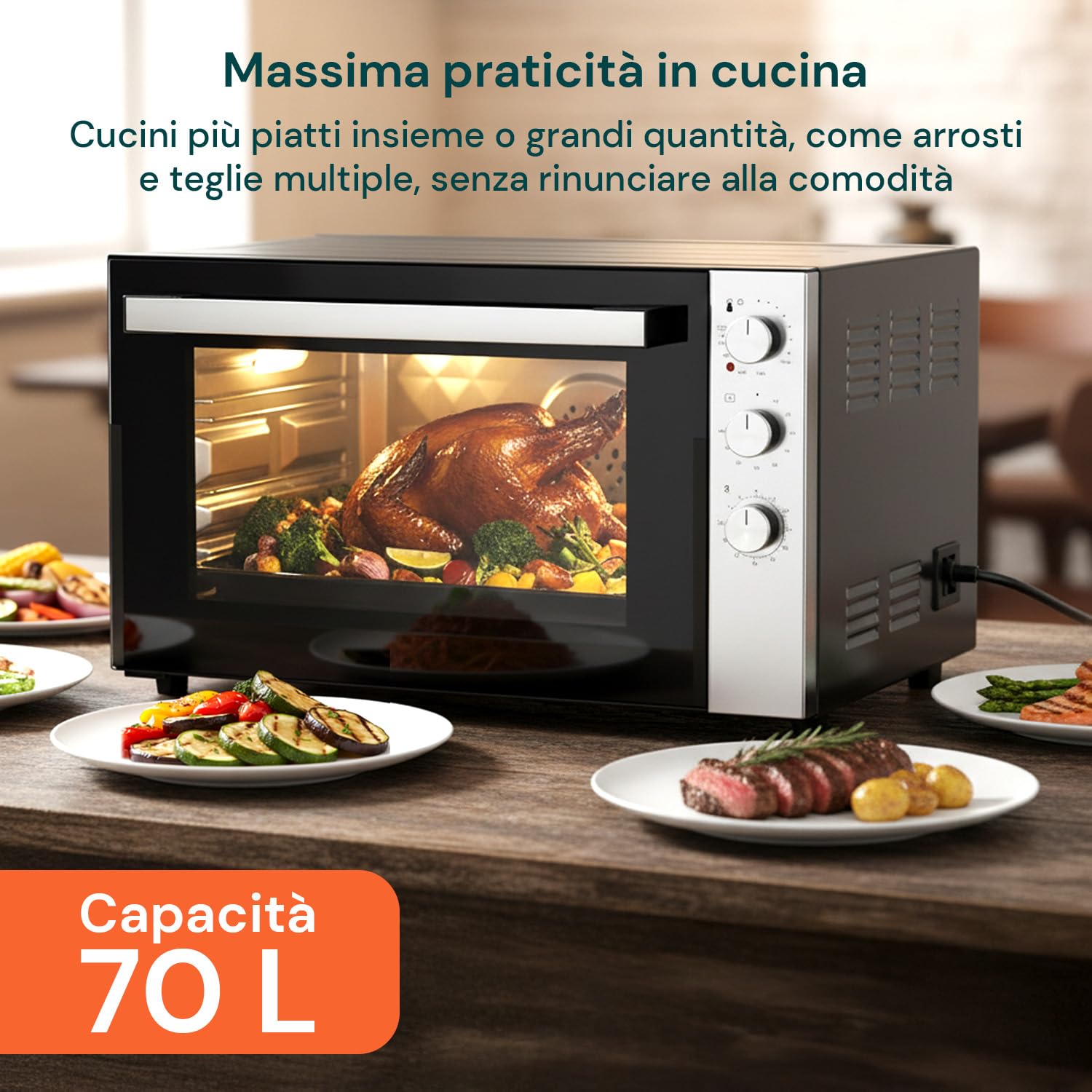 Avilia Forno Elettrico in Acciaio Inox Nero 2500W da 70L - Ideale per Cuocere e Riscaldare in Modo Salutare Arrosti, Pizze e Grandi Qantità di Cibo - Temperatura Fino a 320°C con Funzione Ventilata