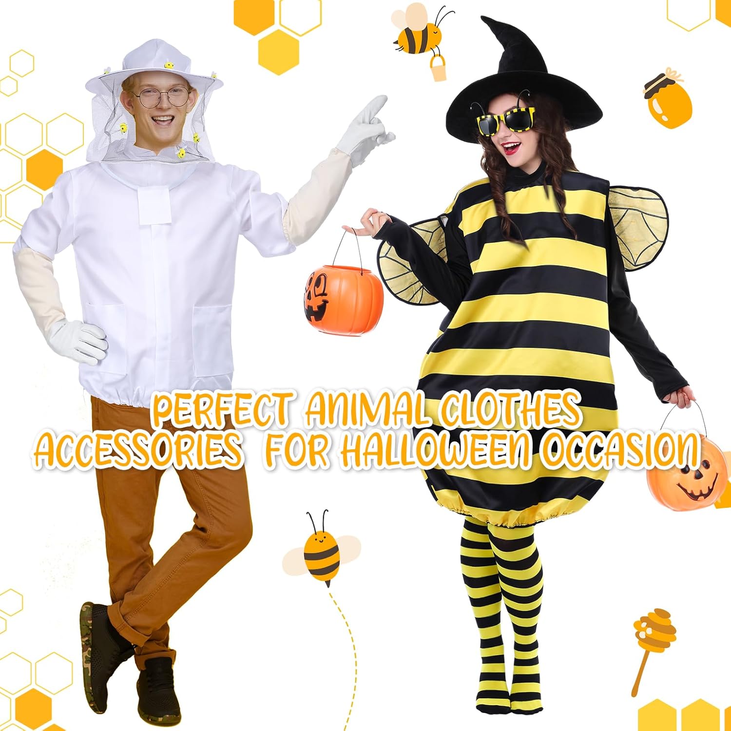 Halloween Bee and Beekeeper Costume Adult Couple Costume Beekeeper Jacket Suit Bee Dress Headband for Women Men