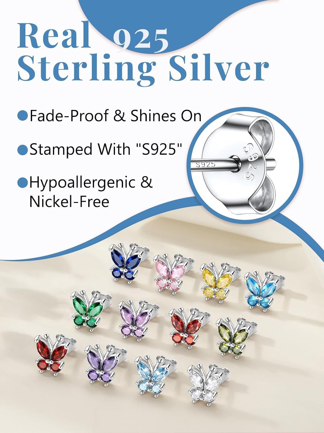 Silvora Birthstone Earrings for Women, 925 Sterling Silver Butterfly Stud, Small Butterfly Earrings Birthstone Jewelry - Image 8