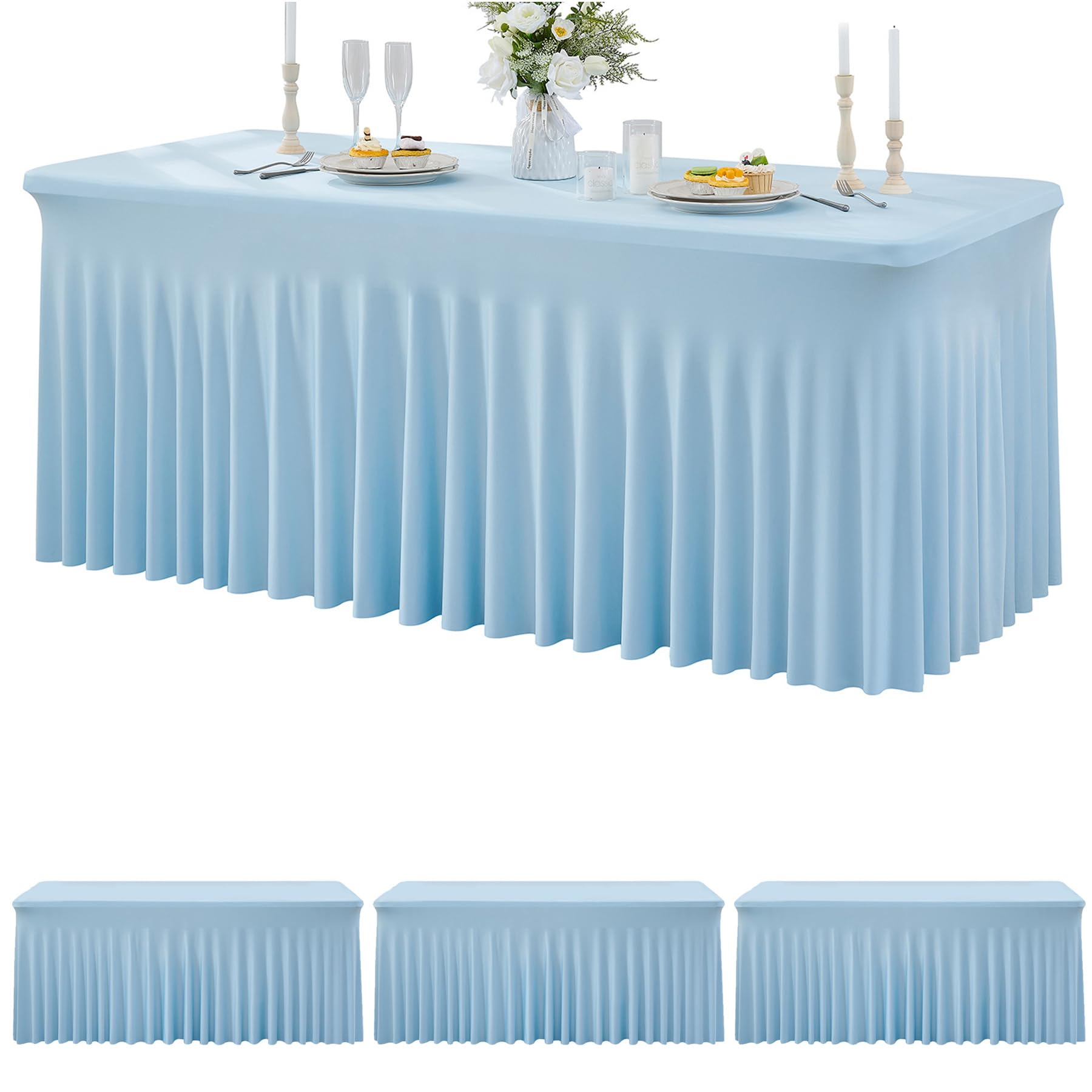 3 Packs Baby Blue Spandex Tablecloths for 6 Foot Rectangle Tables, Stretchy Fitted 6FT Blue Table Skirt for Wedding Party, Wrinkle Free Tablecloths for Banquet Wedding Birthday Party