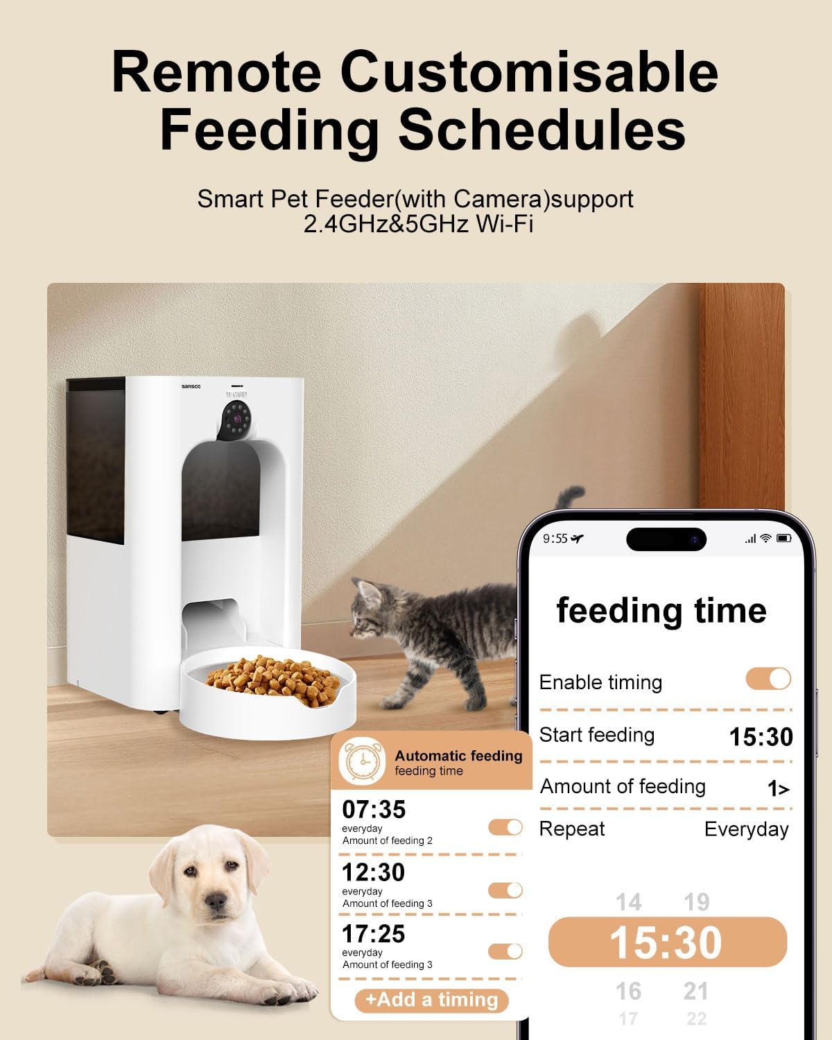 SANSCO Automatic Cat Feeder with Camera: Automatic Dog Feeder, 2K 3MP Video Recording Timed 2.4 & 5GHz WiFi App Control Pet Feeder Dispenser for Cat Dog, Rotates Up and Down, 4L