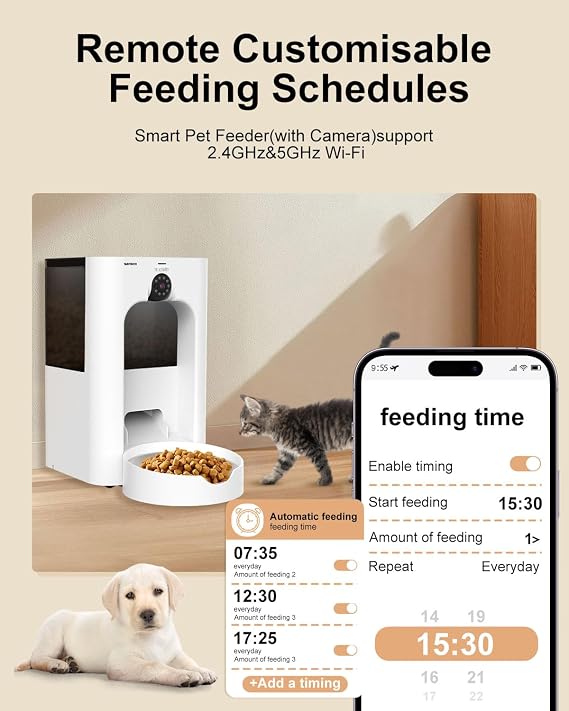 SANSCO Automatic Cat Feeder with Camera, 2K Automatic Dog Feeder | 4MP Video Recording Timed 2.4 & 5GHz WiFi App Control Pet Feeder Dispenser for Cat Dog, Rotates Up and Down, 4L