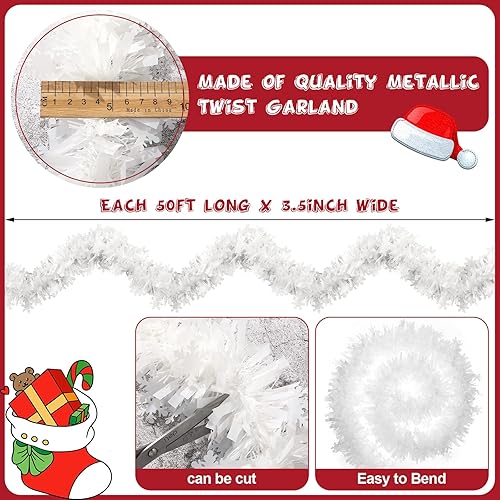 Miniatura 6 de Dingion Guirnalda de oropel de Navidad de 50 pies, guirnalda metálica blanca de oropel artificial para árbol de Navidad, chimenea, hogar, boda,