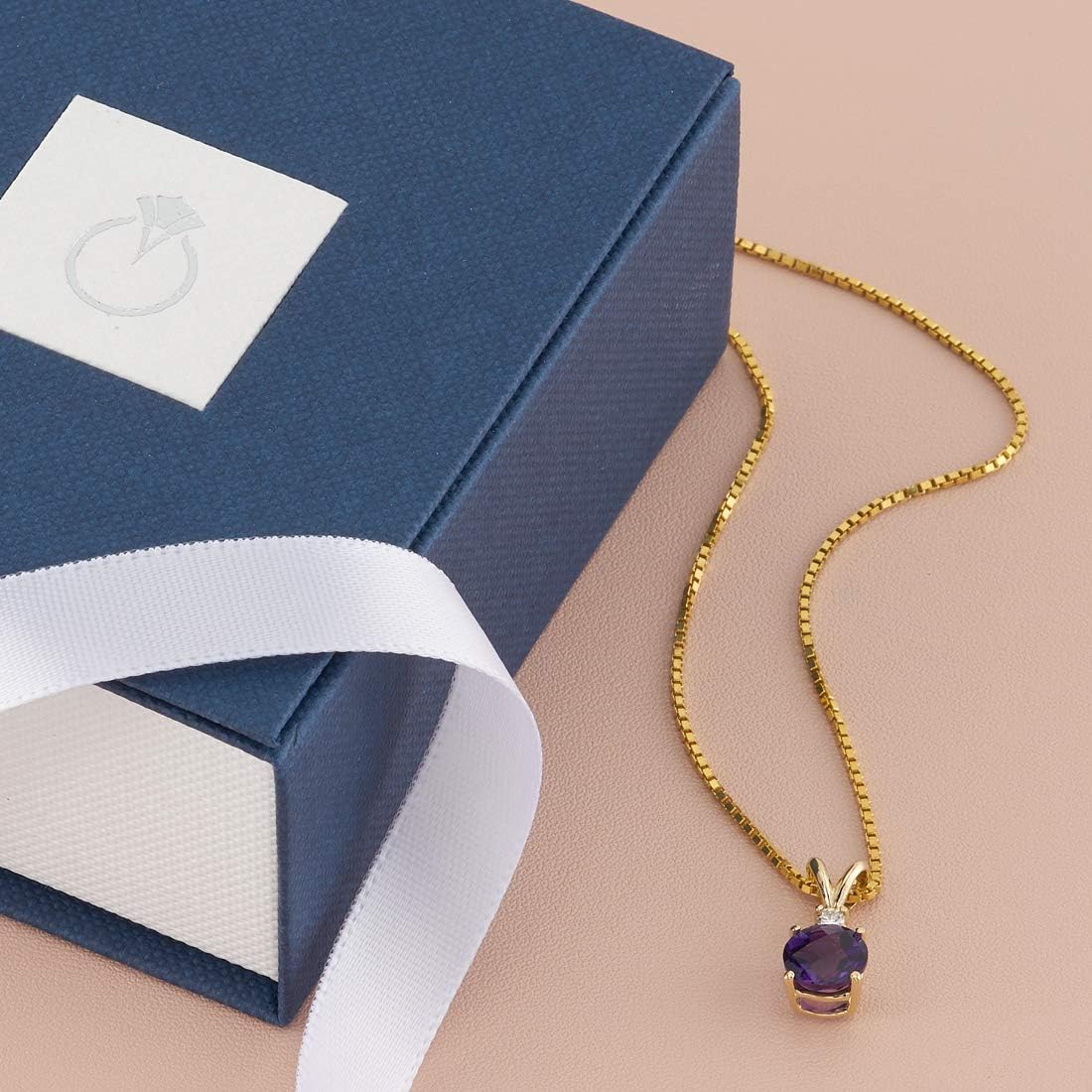 PEORA Amethyst with Genuine Diamond Pendant in 14K Yellow Gold, Elegant Solitaire, Round Shape, 6.50mm, 1 Carat total, Real Amethyst Necklace, February Birthstone Necklace, w/Jewelry Box