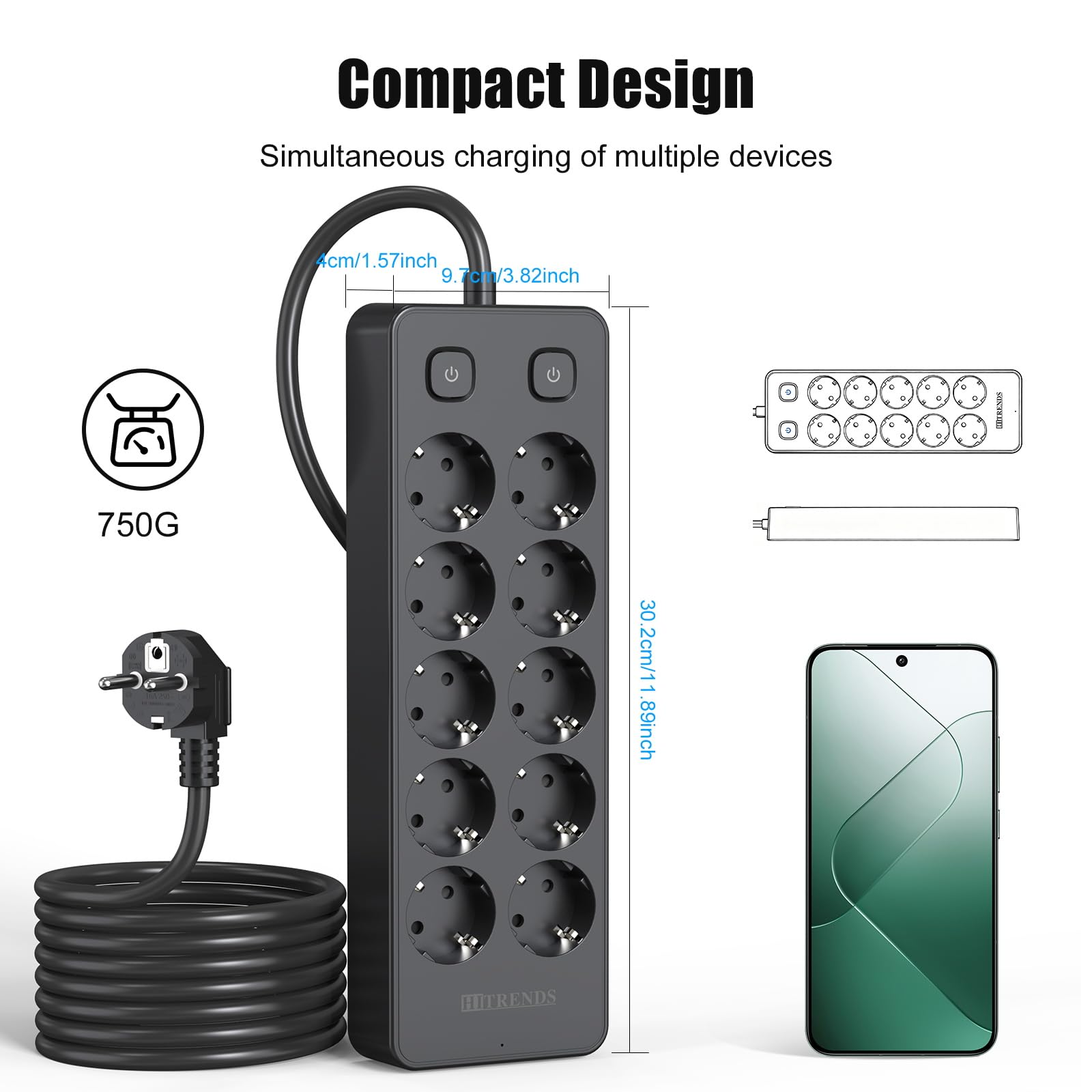 Multipresa con interruttore, Ciabatta 10 prese con protezione da sovratensione, Multipresa con 2 USB-A e 2 USB-C (20 W PD), Ciabatta con cavo da 2 m per casa, ufficio (nero)