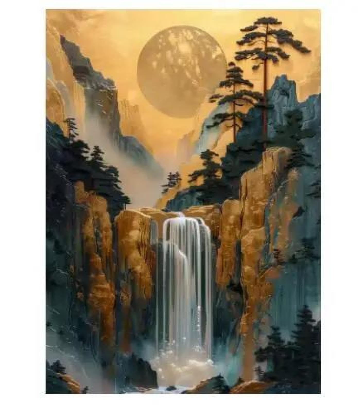 Baibexing Golden Moon Pine Tree Waterfall Nature Mountain Forest Poster Print Canvas Painting Wall Art Picture Living Room Home Decor A5 21X30Cm Unframed