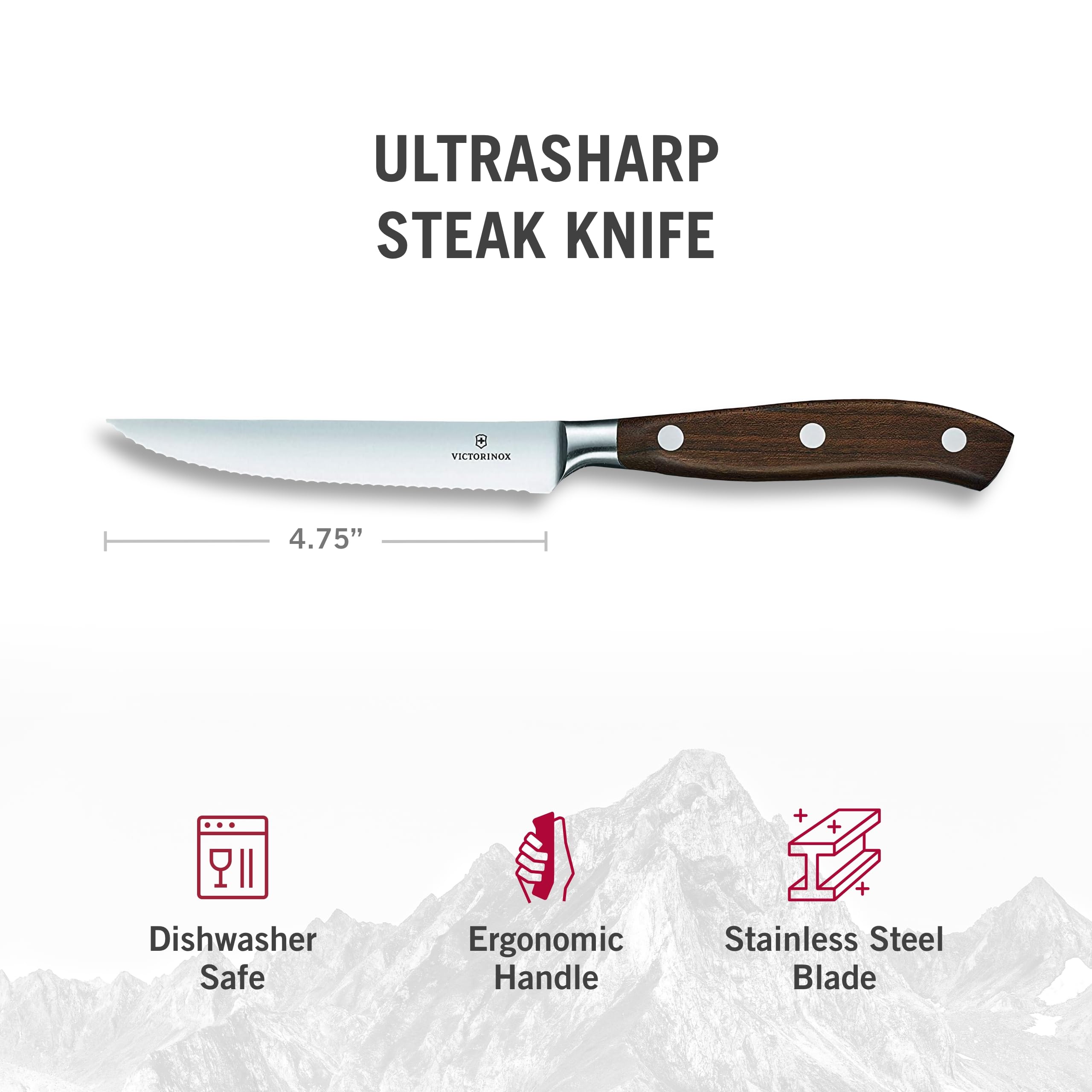 Victorinox Grand Maitre, Coltello da Bistecca Professionale, Lama Seghettata, 12 cm, Manico in Legno Pregiato, Acciaio Inossidabile, Marrone
