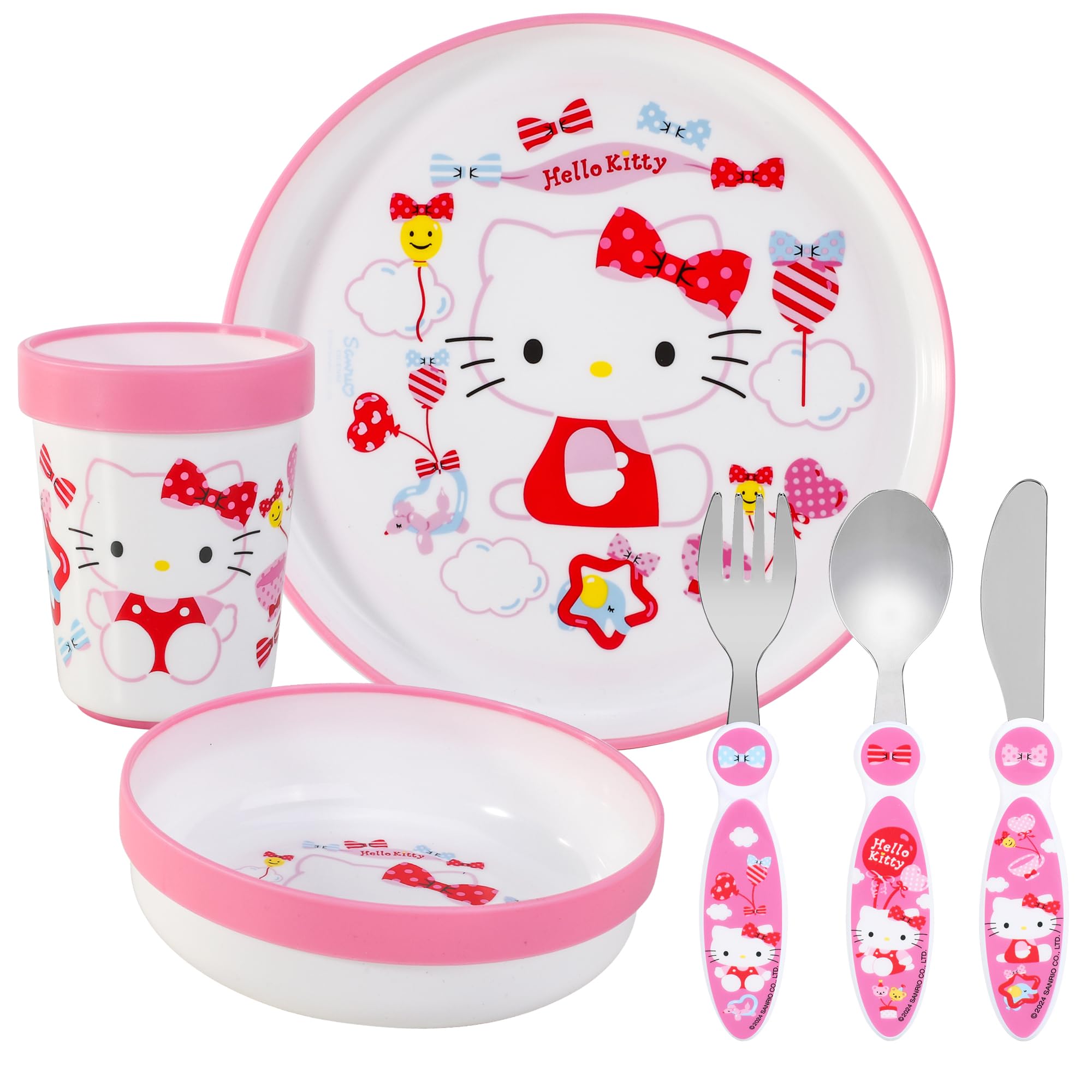 Hello Kitty Kids 6 Piece Reusable Dinner Set - Plate/Bowl/Cup/Knife/Fork/Spoon - Childrens Dinnerware Tableware Cutlery Set