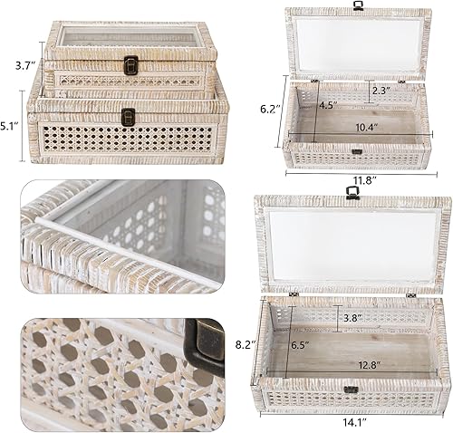 Miniatura 2 de Cajas apilables de ratán y caña con tapa superior de cristal, juego de 2 unidades de 11.8 y 14.1 pulgadas, para decoración bohemia y rústica de