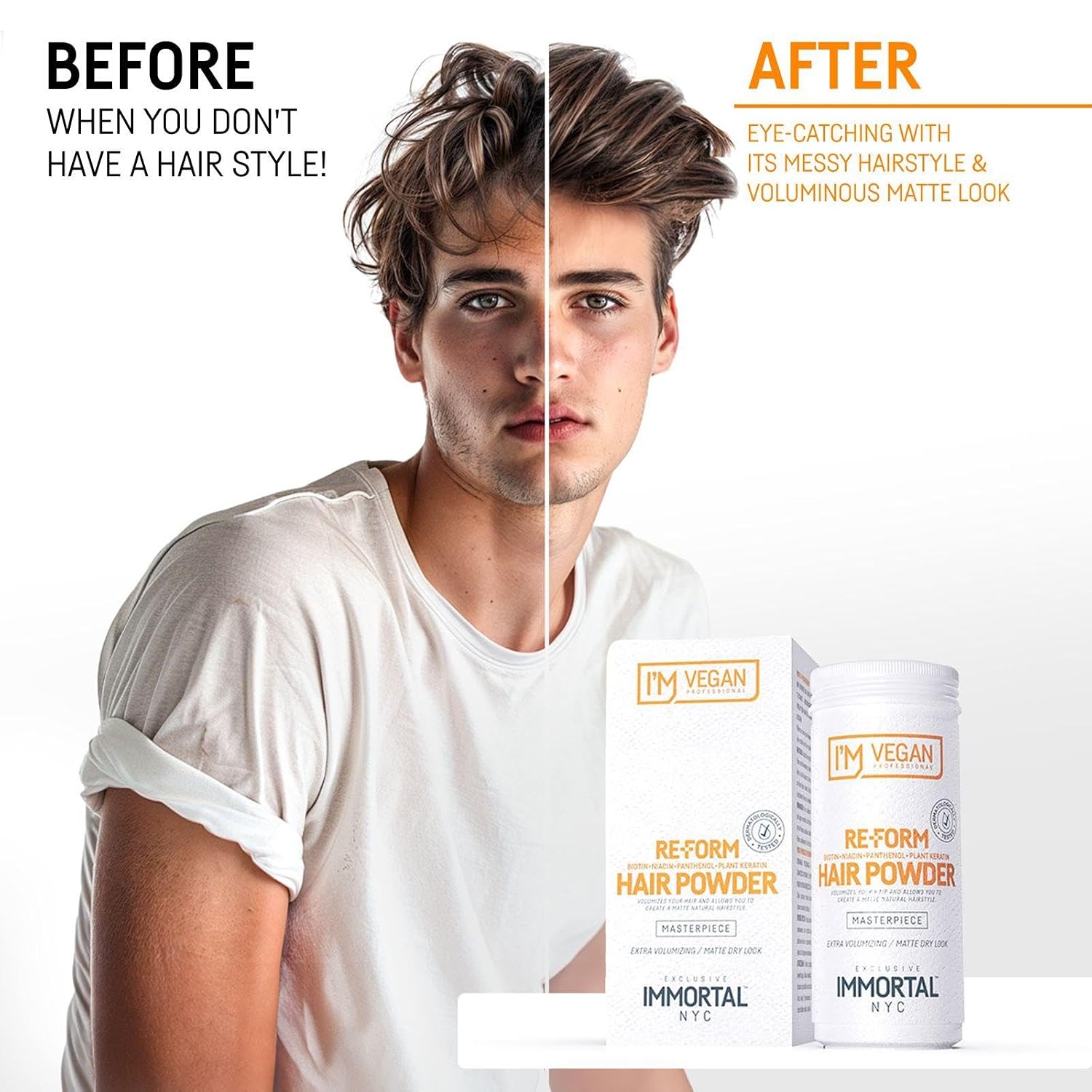 Immortal NYC Re-Form Hair Powder - Vegan Volumizing Matte Powder for Hair & Beard, Biotin, Panthenol & Plant Keratin, Extra Volume, Messy Matte Look, 20g