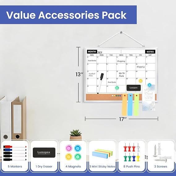 Calendar Whiteboard Monthly Dry Erase Calendar for Wall, 17x13 Double-Sided Small White Board with Cork, Silver Aluminum Alloy Frame Hanging Wall Calendar for Home, Kitchen, Office, School