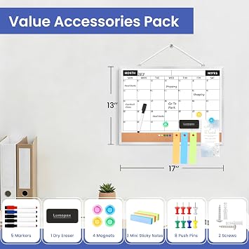 Calendar Whiteboard Monthly Dry Erase Calendar for Wall, 17x13 Double-Sided Small White Board with Cork, Silver Aluminum Alloy Frame Hanging Wall Calendar for Home, Kitchen, Office, School