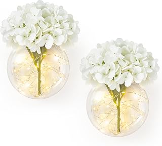 Mkono Wall Decor with White Artificial Hydrangea Flowers and Fairy Light 2 Packs Glass Wall Planter Vase Modern Wall Sconces for Living Room Bedroom Kitchen Home Office Farmhouse Decoration