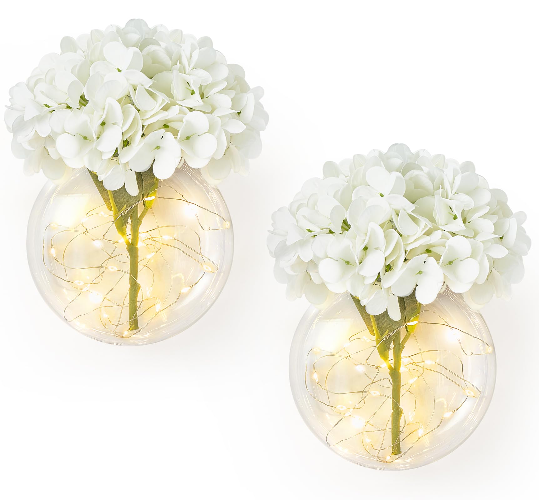 Mkono Wall Decor with White Artificial Hydrangea Flowers and Fairy Light 2 Packs Glass Wall Planter Vase Modern Wall Sconces for Living Room Bedroom Kitchen Home Office Farmhouse Decoration