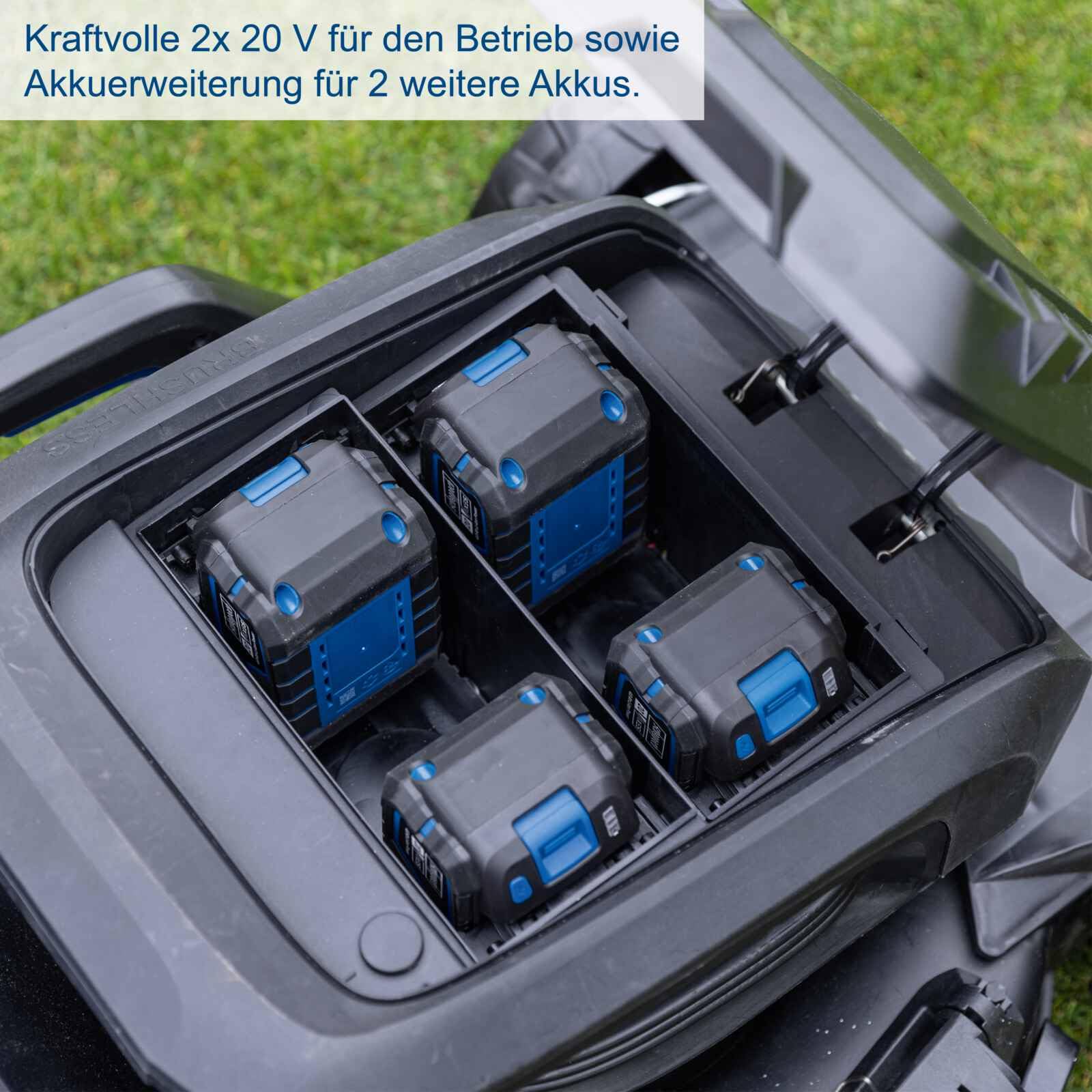 Scheppach Akku Rasenmäher BC-MP470-X mit Varioantrieb | Schnittbreite 47cm | Fläche bis 700m² | Seitenauswurf, Mulcheinsatz | 20V-IXES-Serie | 10 Jahre Garantie | mit 4X 4Ah Akku & 2X Doppelladegerät