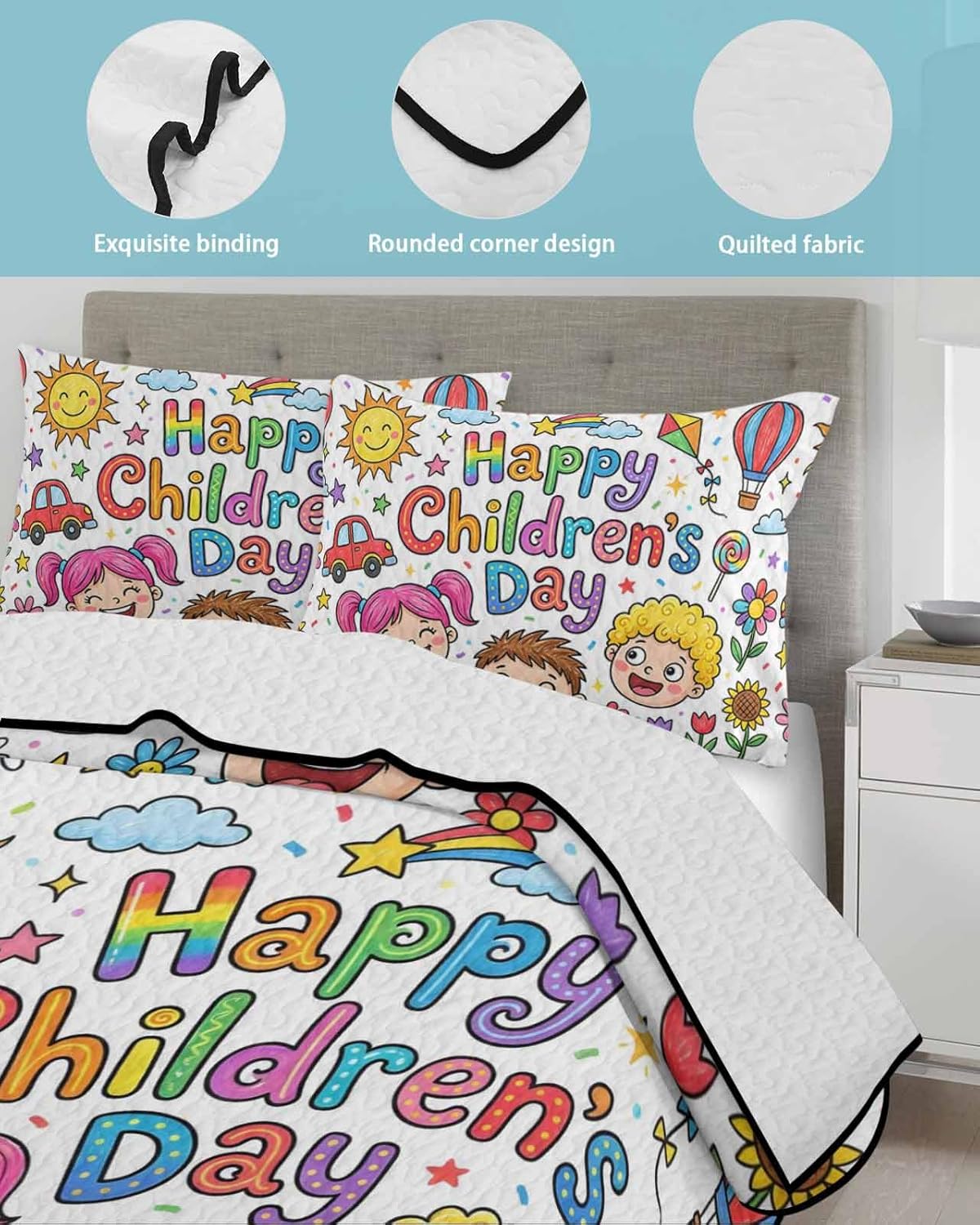 Full Size Quilt Bedding Set, Children's Day Lightweight Summer Quilt 3 Pieces Bedding Sets, Cartoon Cute Watercolor Truck Flower Reversible Soft Bedspreads Coverlets with 2 Pillow Shams for All Season