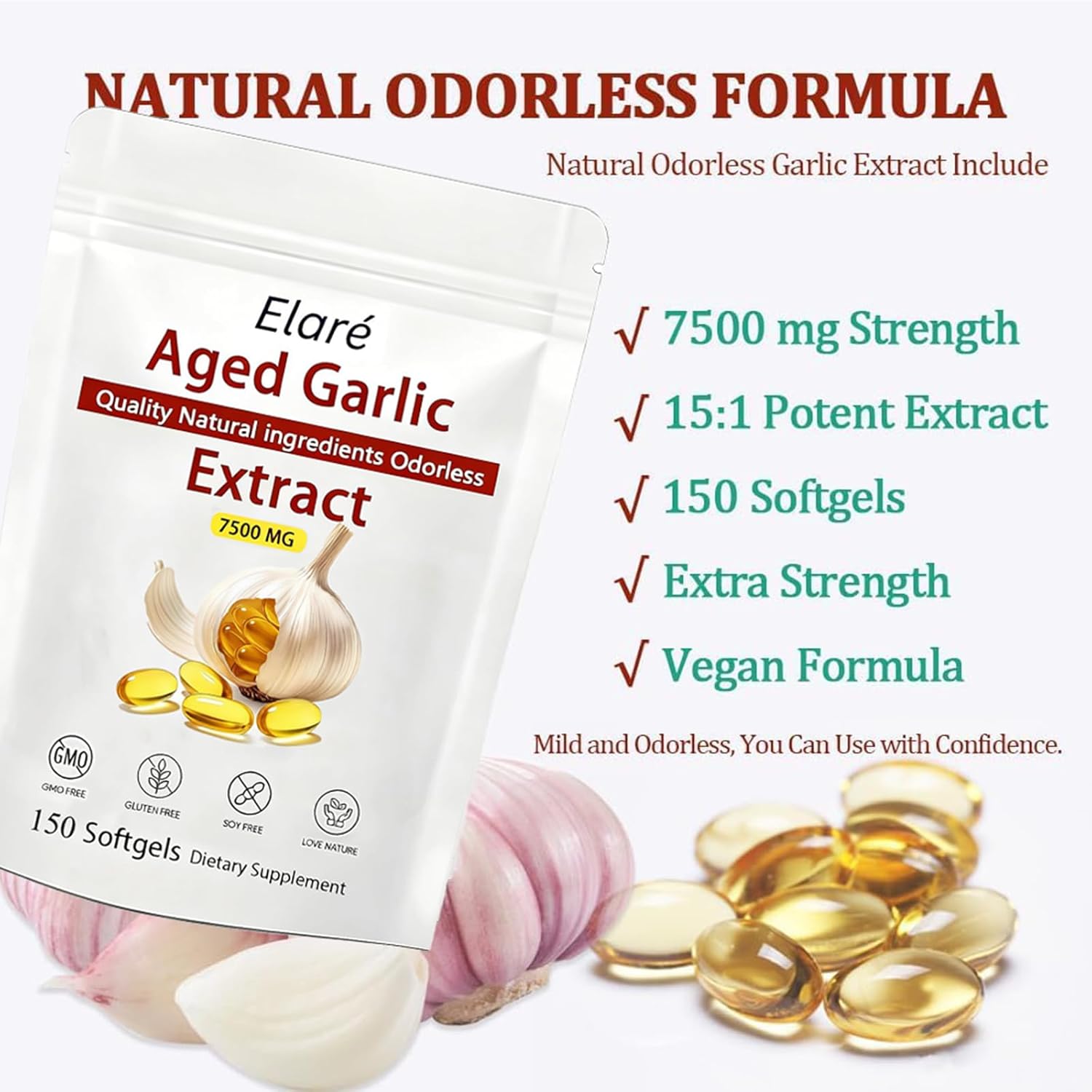 Elare Aged Garlic Extract - 7500mg Odorless, Organic Garlic Extract Capsules | Heart & Immune Antioxidant Supplements, Vegetarian, All-Natural, Non-GMO, 150 Softgels(1 PCS) - Image 4