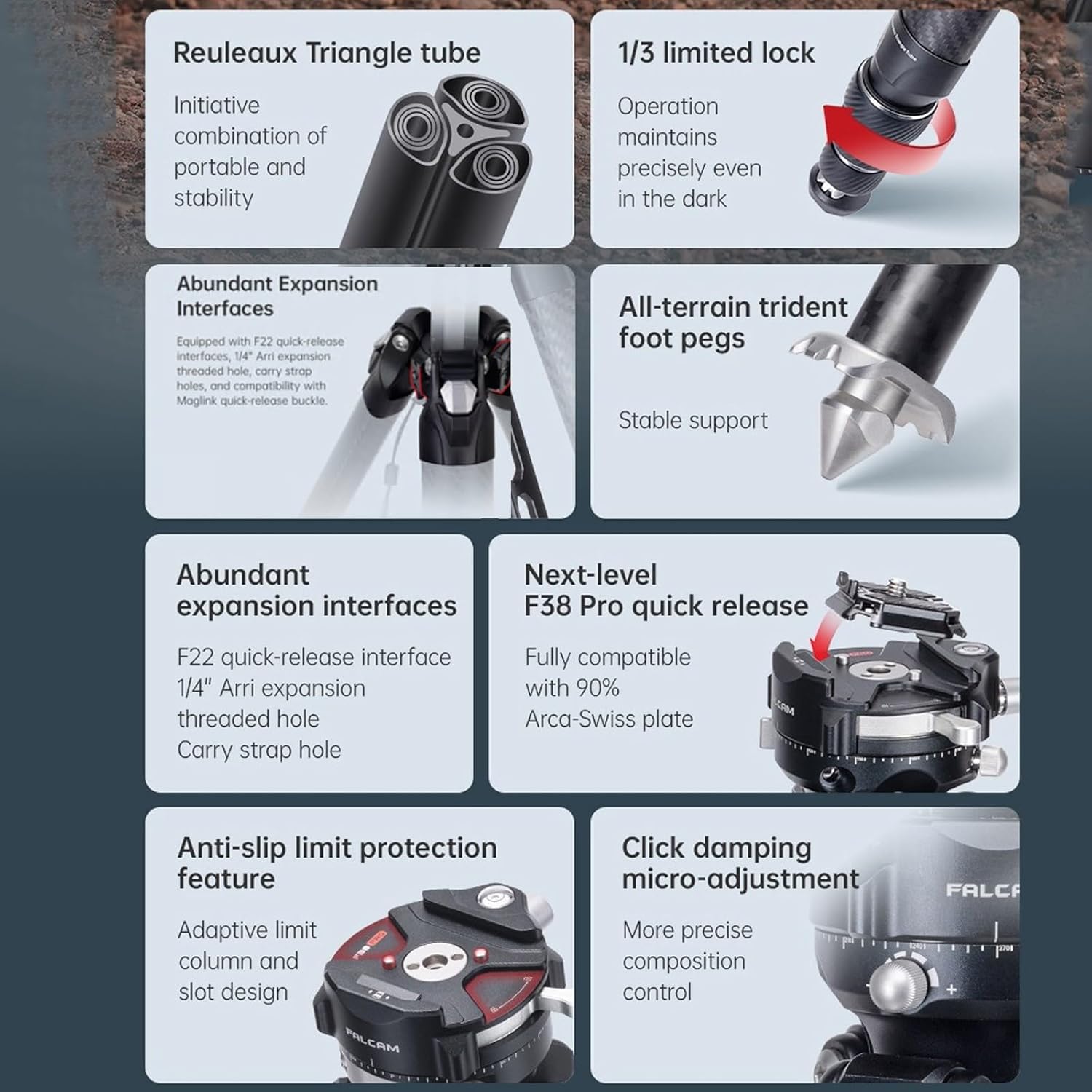 Falcam TreeRoot 61" F38 Pro Quick Lock Travel Tripod,with 360 Degree Damping Ball Head Load Capacity 5kg/11lbs,Carbon Fiber Tripod with F22 Interfaces, 1/4" Screw,Carry Strap Holes for Cameras - Image 4