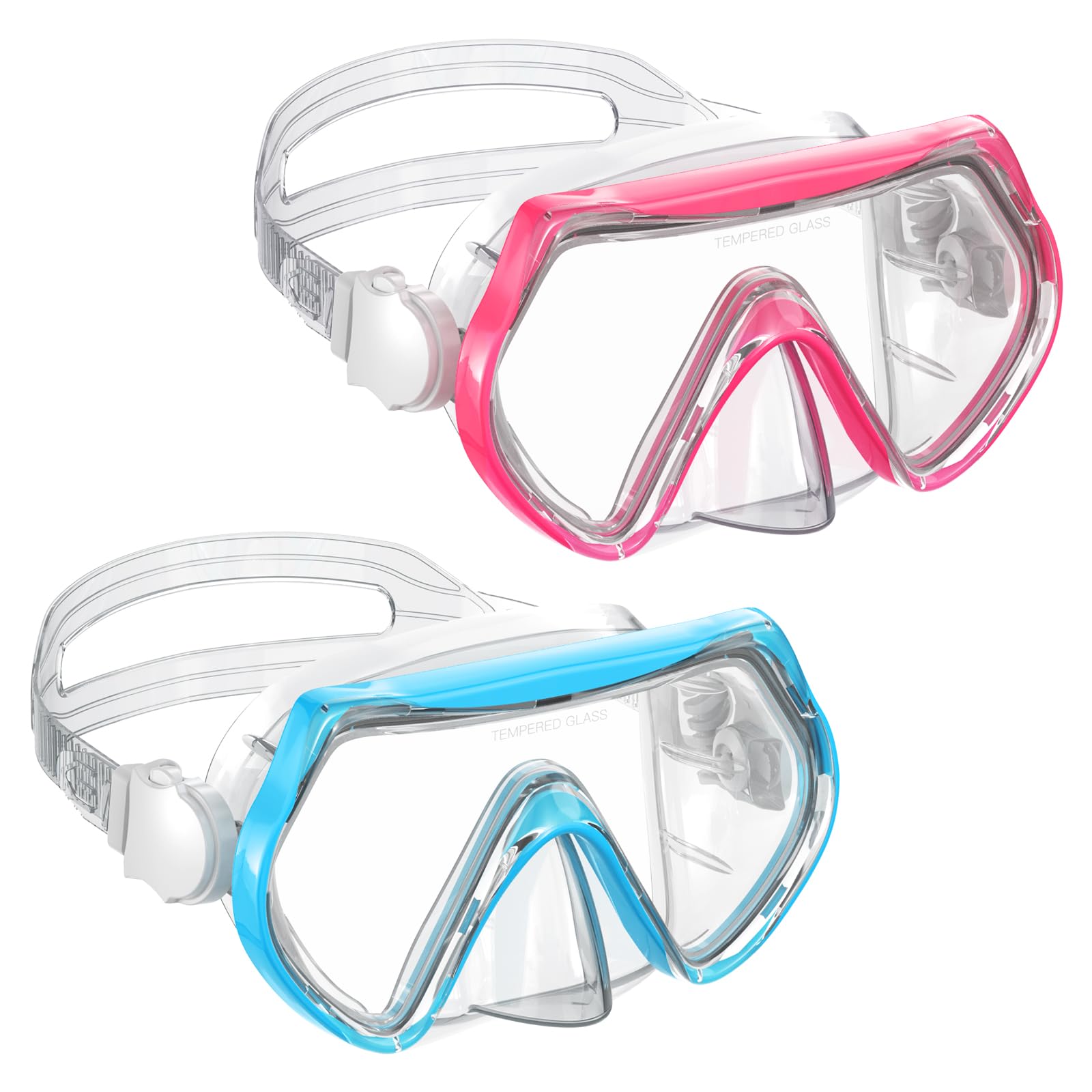 Schwimmbrille für Kinder, Schnorchel- und Tauchmaske mit Nasenabdeckung für Kinder von 6 bis 14 Jahren, aus gehärtetem Glas, 180°-Panorama-Sichtfeld, beschlagfrei, 2er-Pack