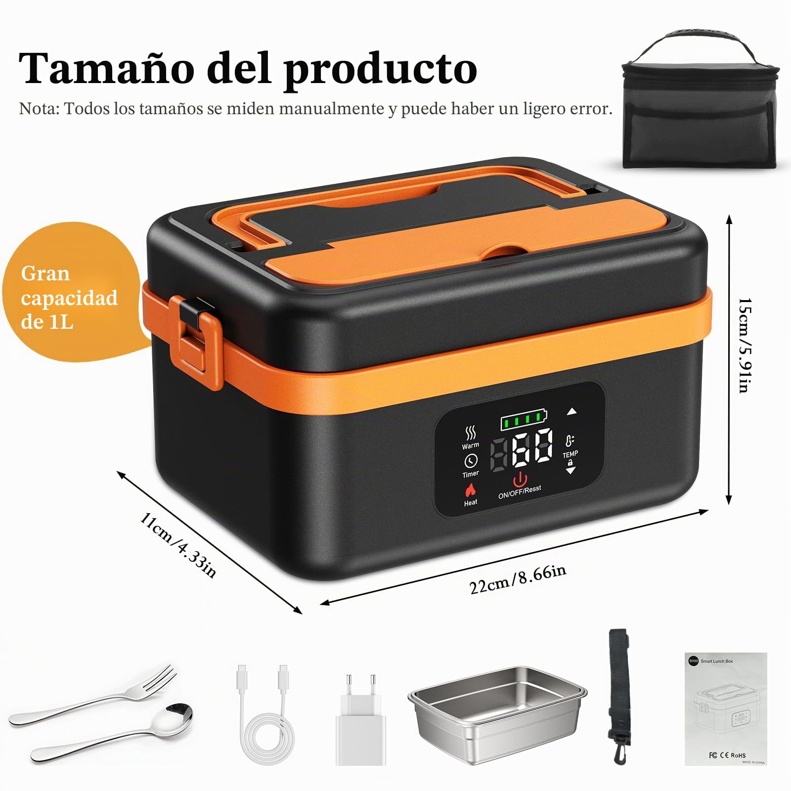 Taper electrico para comida, fiambrera recargable con calentamiento automático de 16 000 mAh, calentador de alimentos portátil de 1 l con calentamiento automático para oficina, picnic, coche