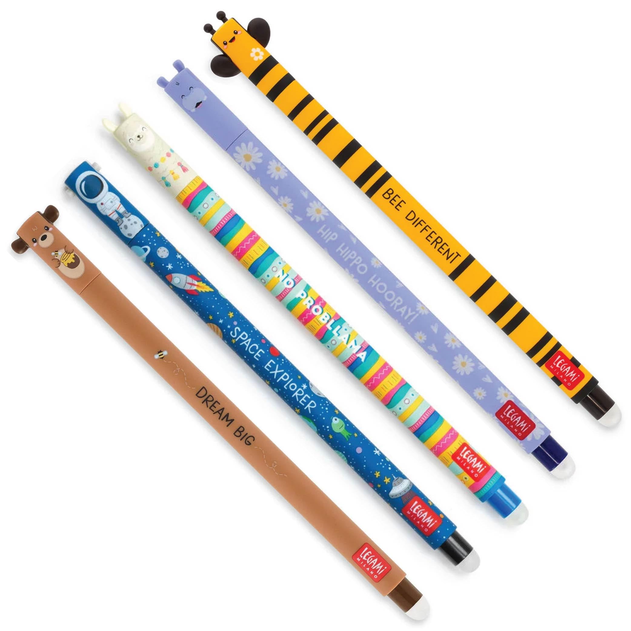 Legami-Pen - Juego de 5 bolígrafos de gel borrables, incluyendo la abeja, hipopótamo, Astro, Llama, oso de peluche