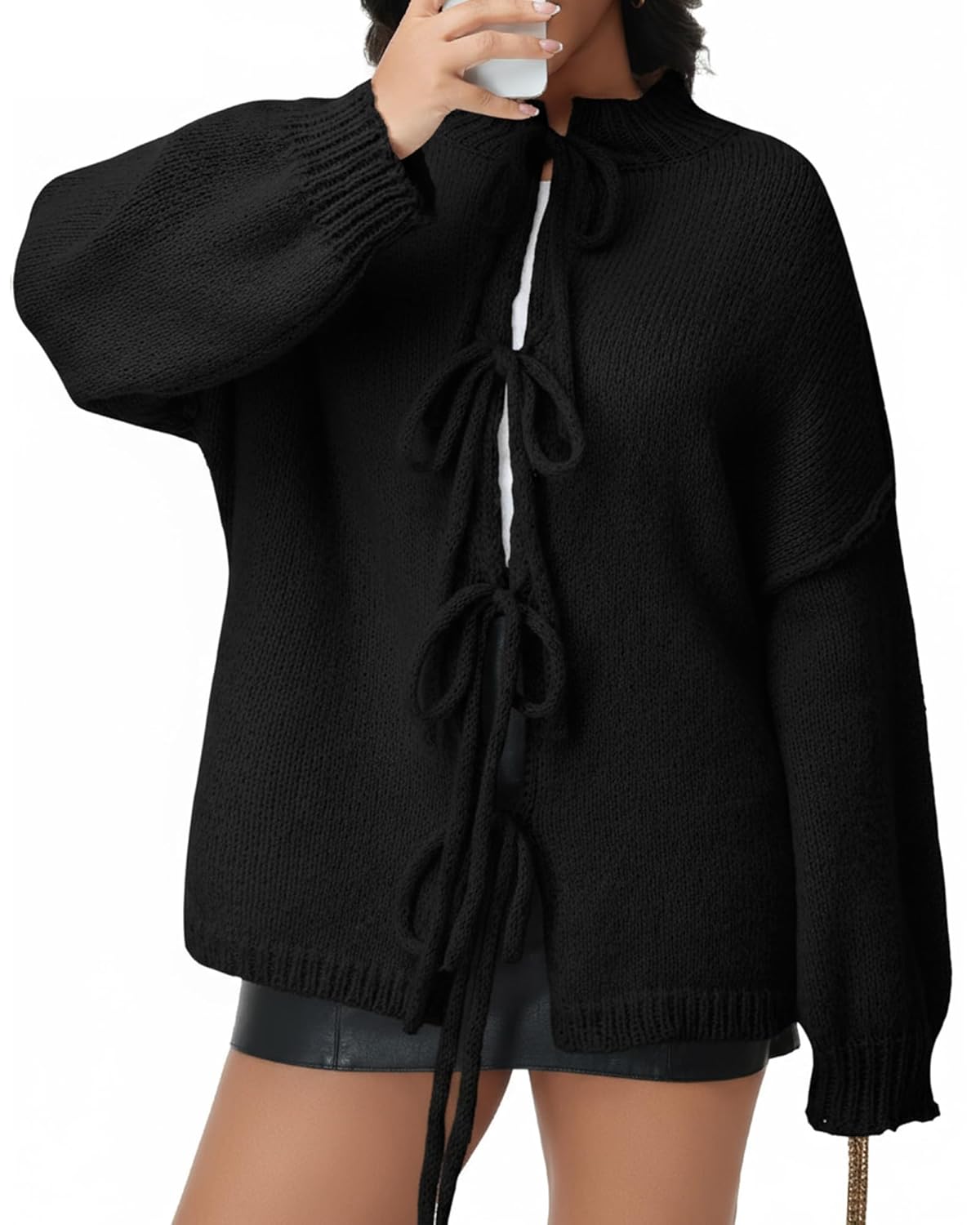 Women Tie Front Bow Cardigan Sweater Long Puff Sleeve Chunky Knit Cardigan Lace Up Crew Neck Crochet Winter