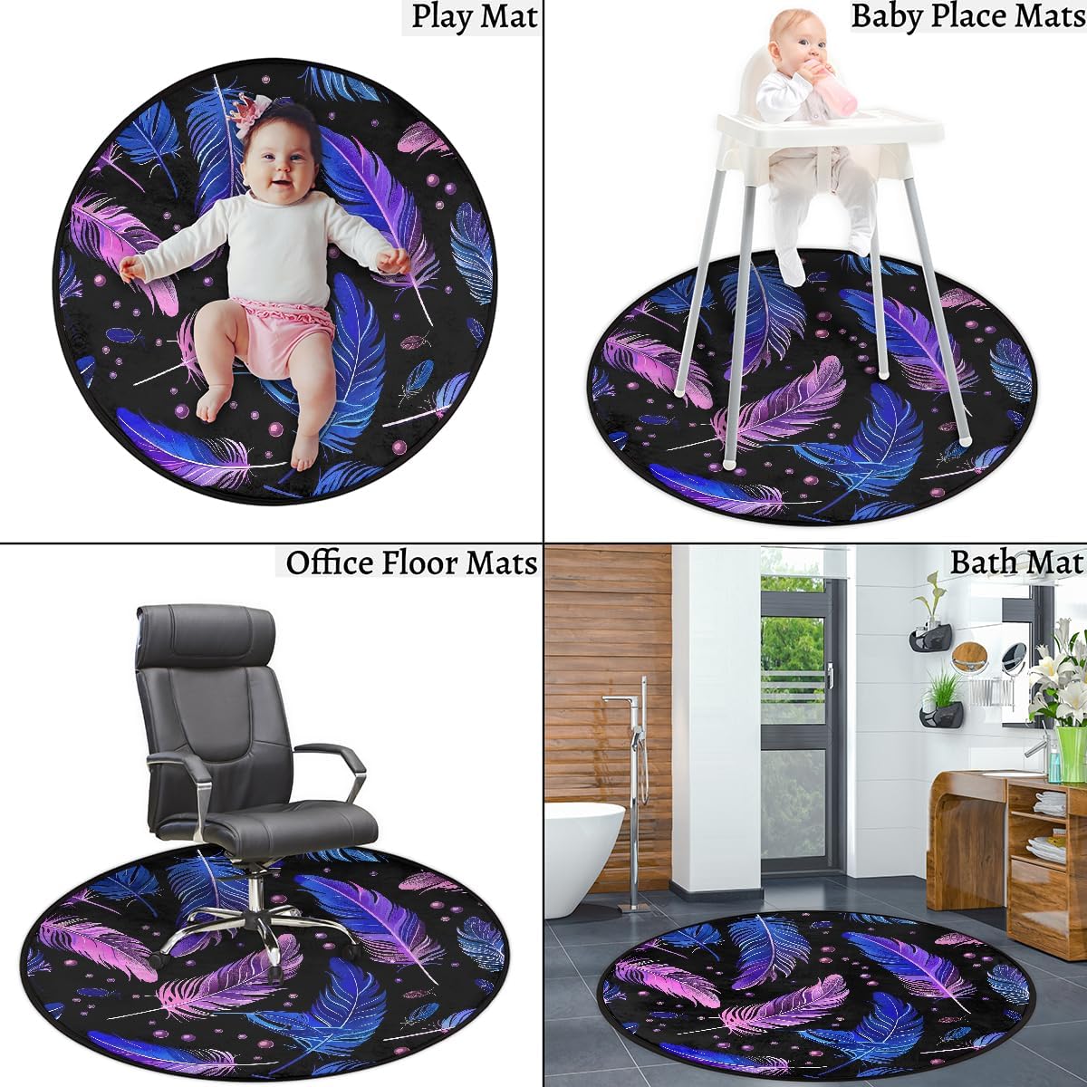 3 Ft Round Area Rug Purple Abstract Feather Small Washable Non-Slip Circle Mat Absorbent Floor Carpet Indoor Ntryway Circular Rug for Kitchen Living Room Bedroom Kids Nursery Sofa Decor