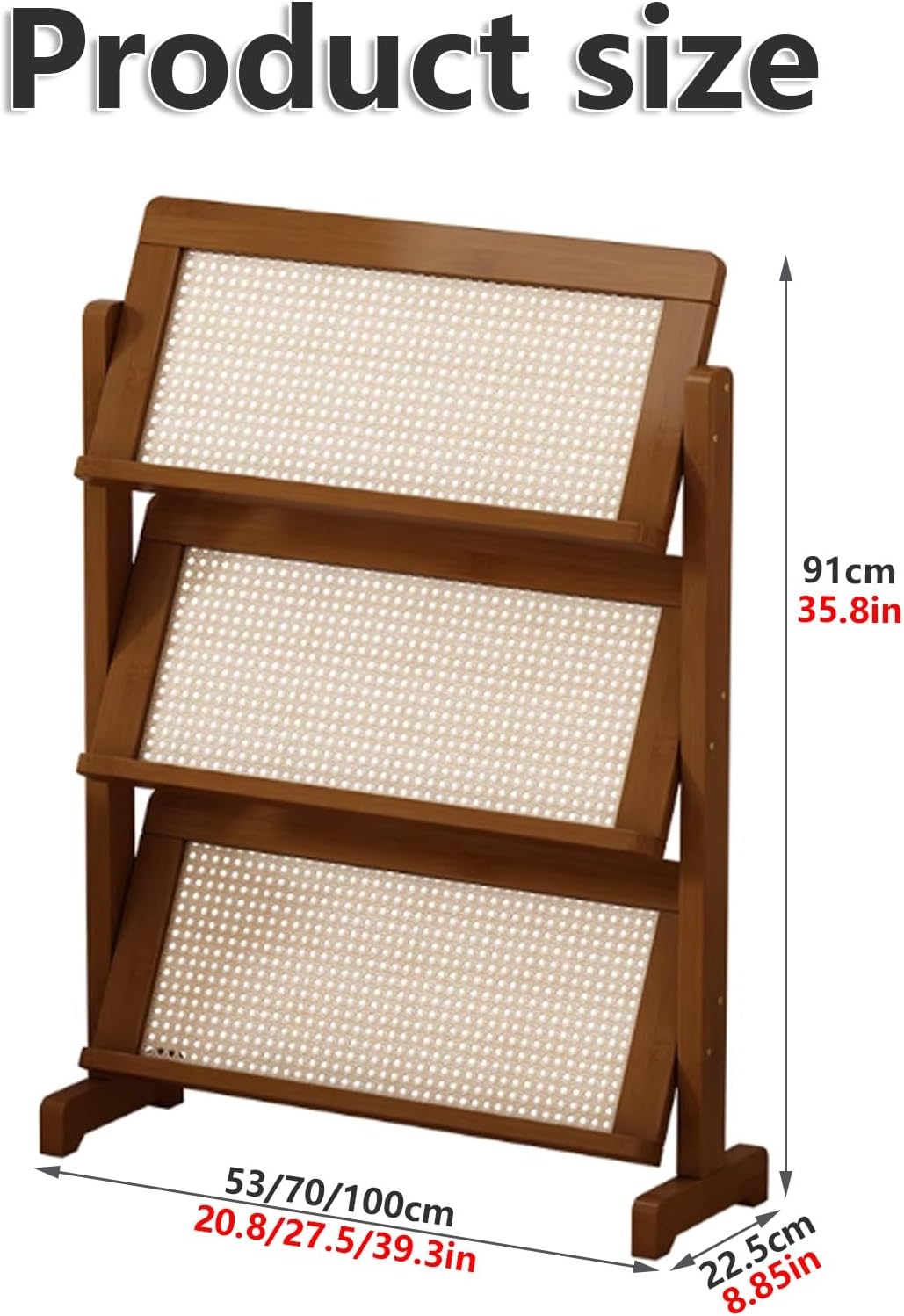3-Tier Book Rack with Wood Frame, Space-Saving Rattan Magazine Holder - Multi-Purpose Floor Display Stand for Home, Office,Classroom Use(Multi-colored,39.4x35.8x8.9in)