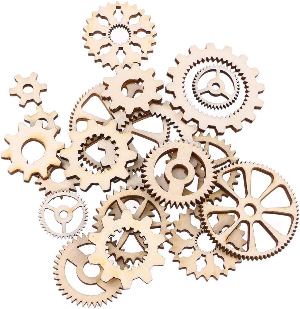 PRETYZOOM 40pcs Wooden Gear Pieces - Mini Hollow Wooden Gear Cutouts for DIY Painting & Home Party Decorations