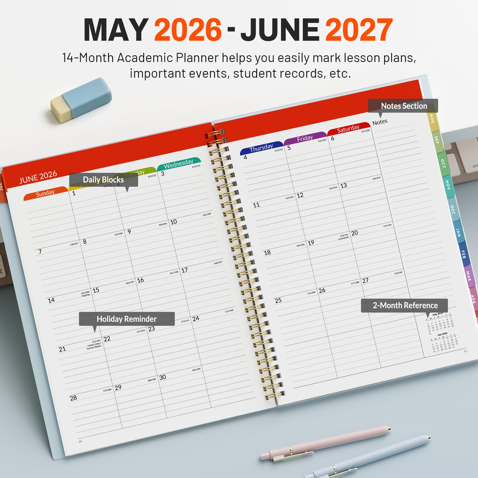 SUNEE Agenda per insegnanti 2026-2027, anno accademico, 8 periodi, pianificazione delle lezioni da luglio 2026 a giugno 2027, 21,6 x 27,9 cm, agenda settimanale mensile, layout orizzontale con