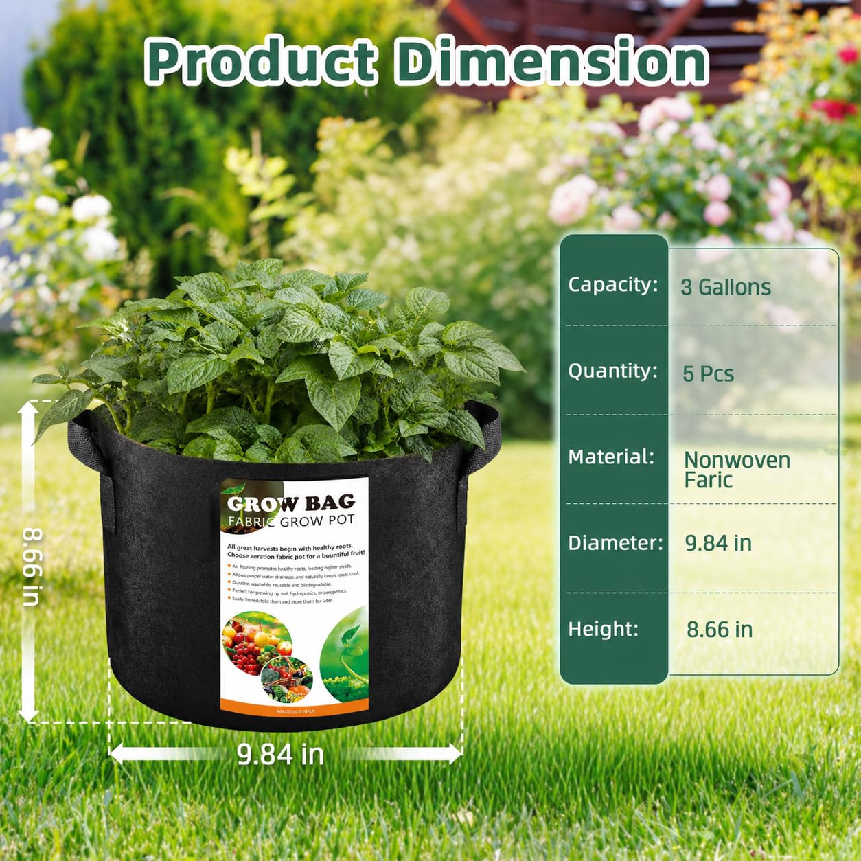 Paquete de 5 bolsas de cultivo de 3 galones con asas