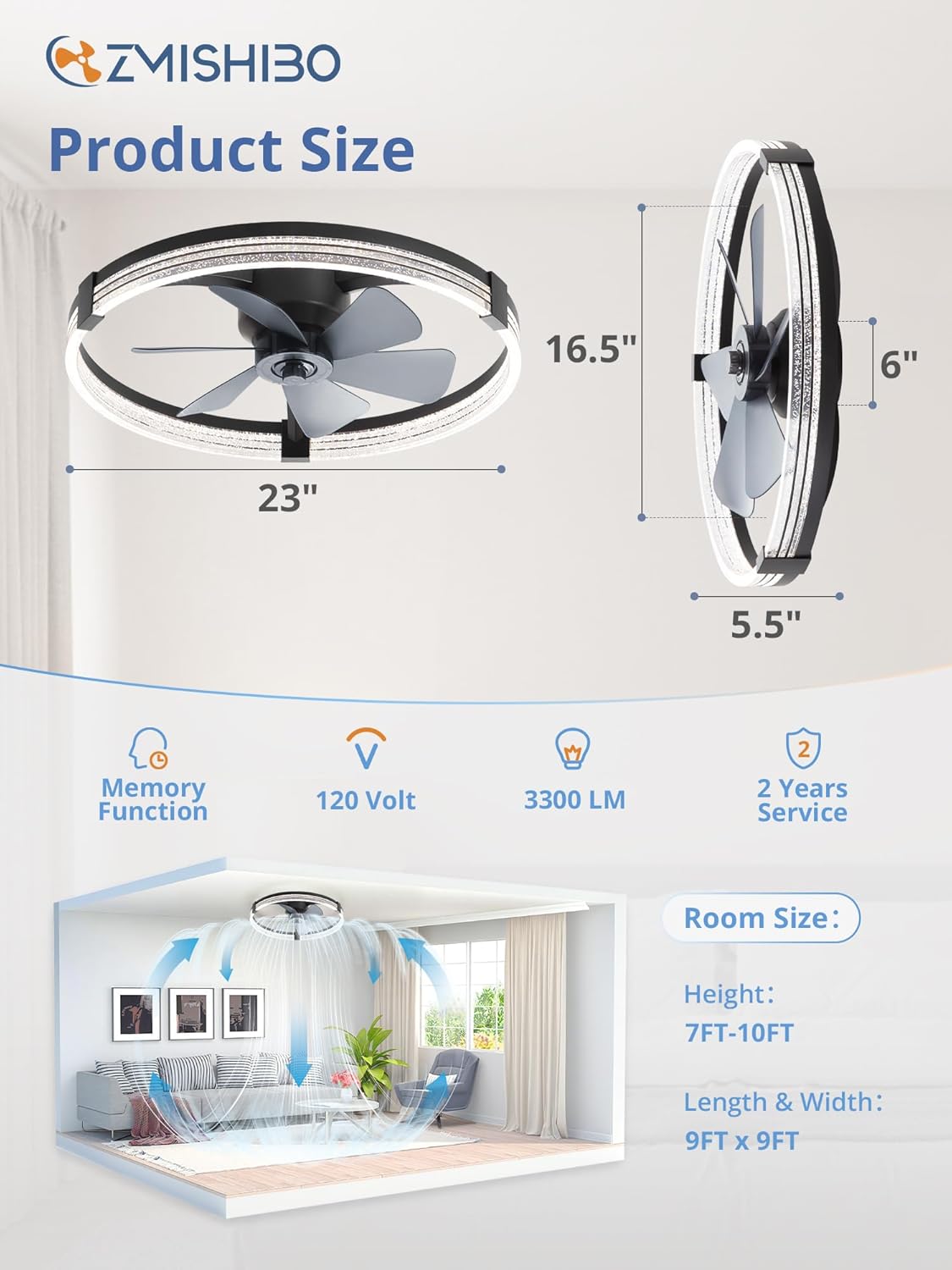 ZMISHIBO Low Profile Ceiling Fans with Lights, Flush Mount Modern Ceiling Fan and Remote Control, 23" LED Ceiling Fans, Stepless Dimmable 3 Colors and 6 Speeds