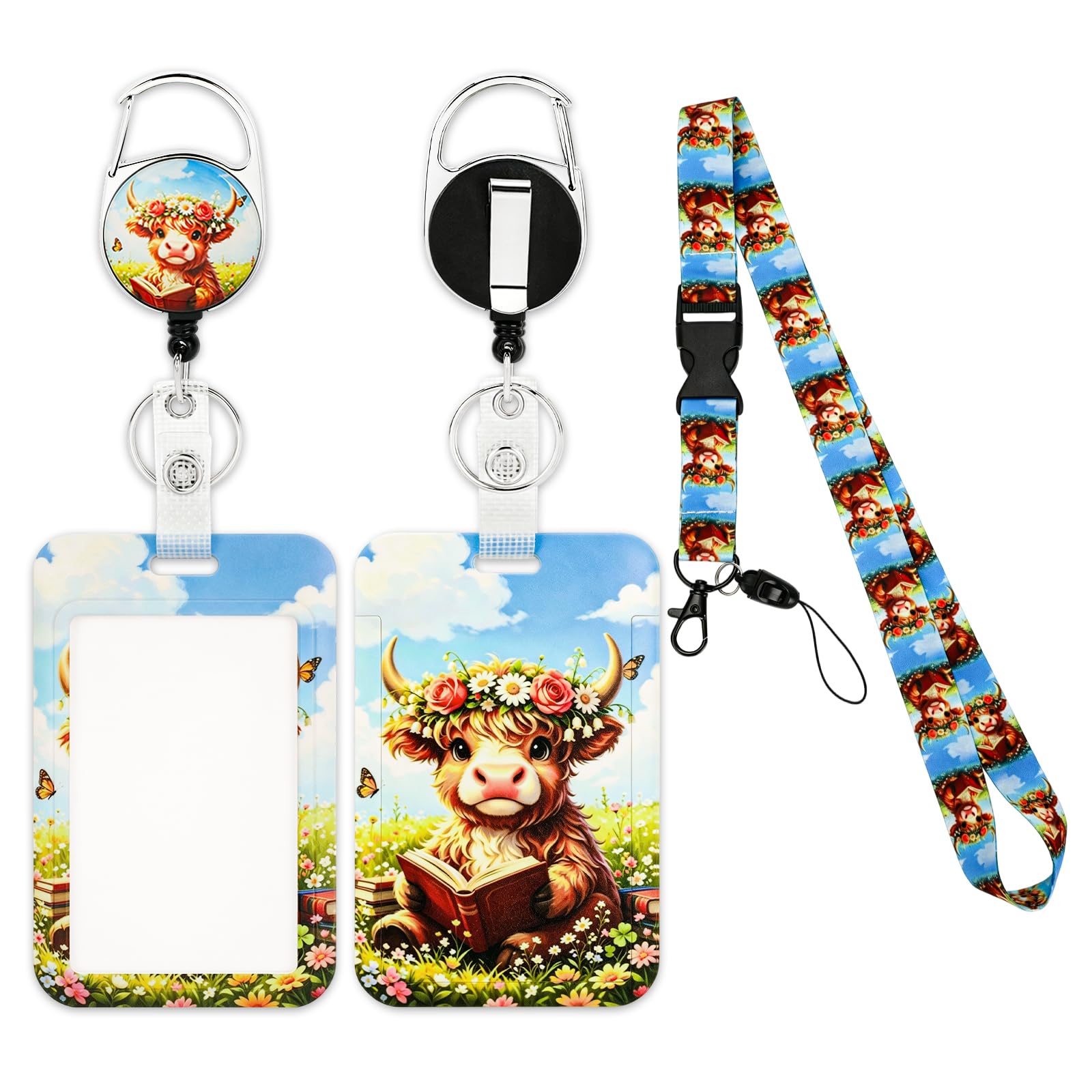 Lanyard with Card Holder, Highland Cow ID Badge Holder Retractable Badge Reel Carabiner Clip, ID Card Protector Cute Breakaway Lanyard for Girls Women Office Teacher Student Nurse