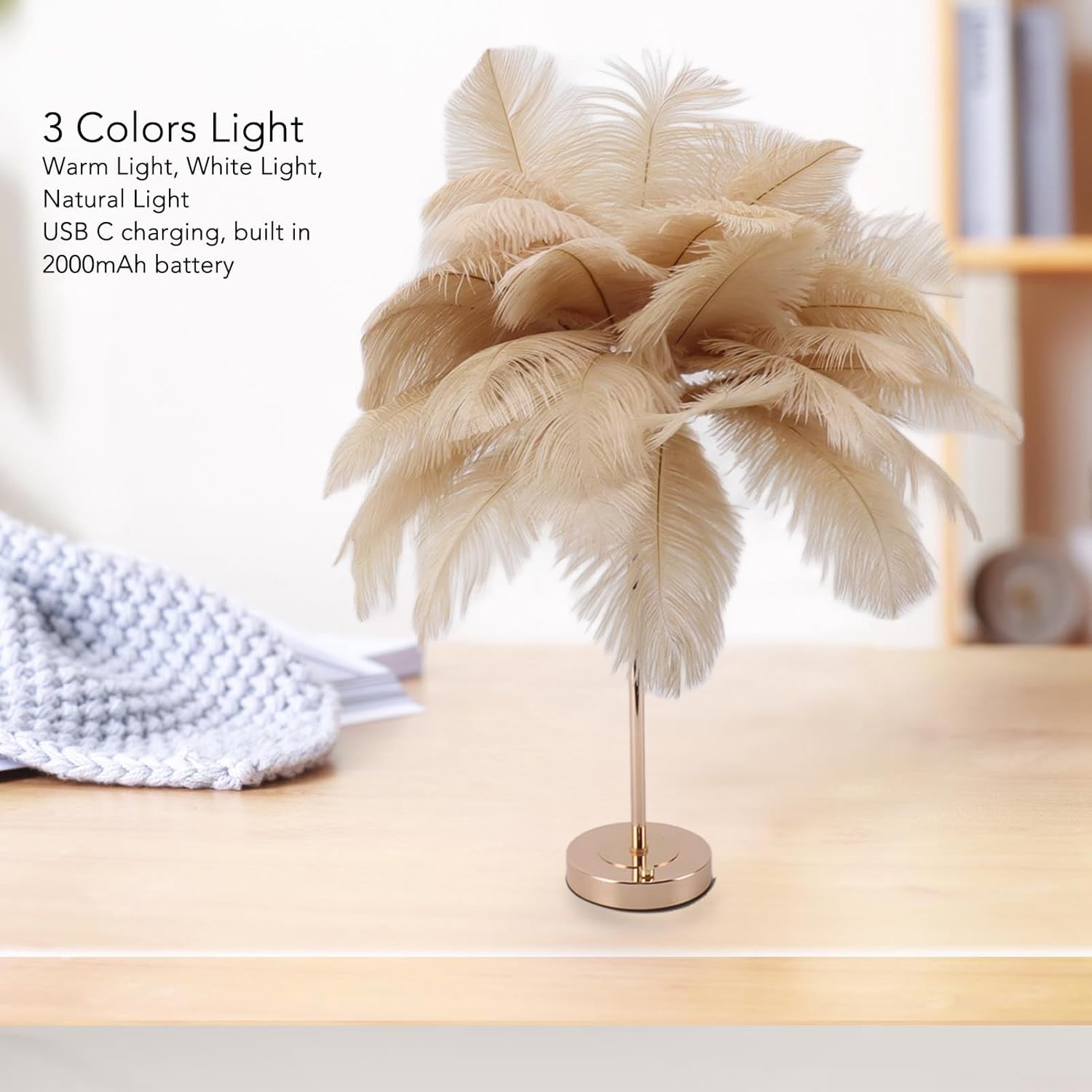 Ostrich Table Lamp, 30PCS Feathers 3 Color Dimming Cordless USB Rechargeable Touch Control Desk Night Light, Modern Decorative Bedside Lamp Bulb Included for Bedroom Living (Camel
