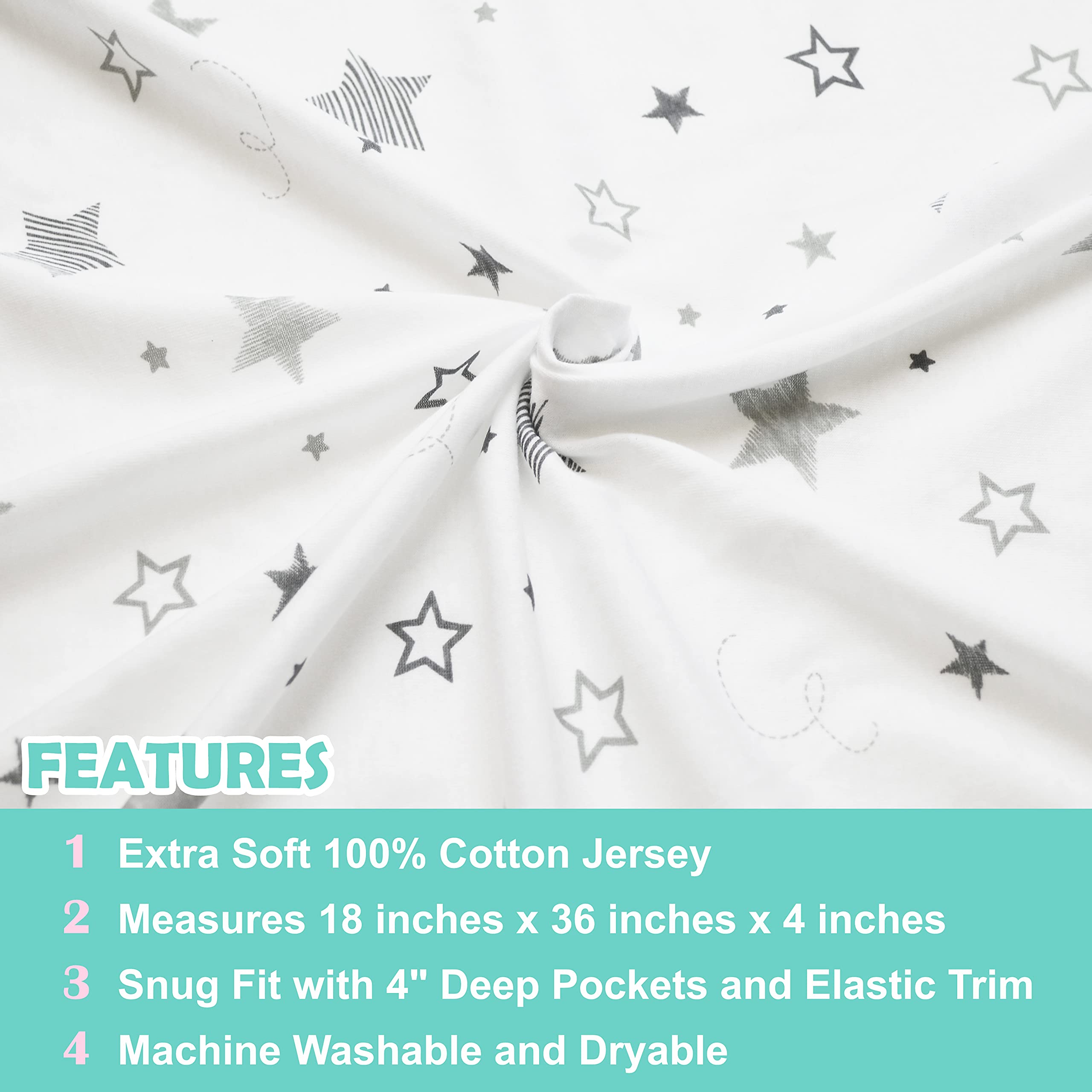 American Baby Company Spannbettlaken, 100% natürliche Baumwolle, 91,4 x 45,7 cm, weich, atmungsaktiv und hypoallergen, Super-Sterne, neutral für Jungen und Mädchen