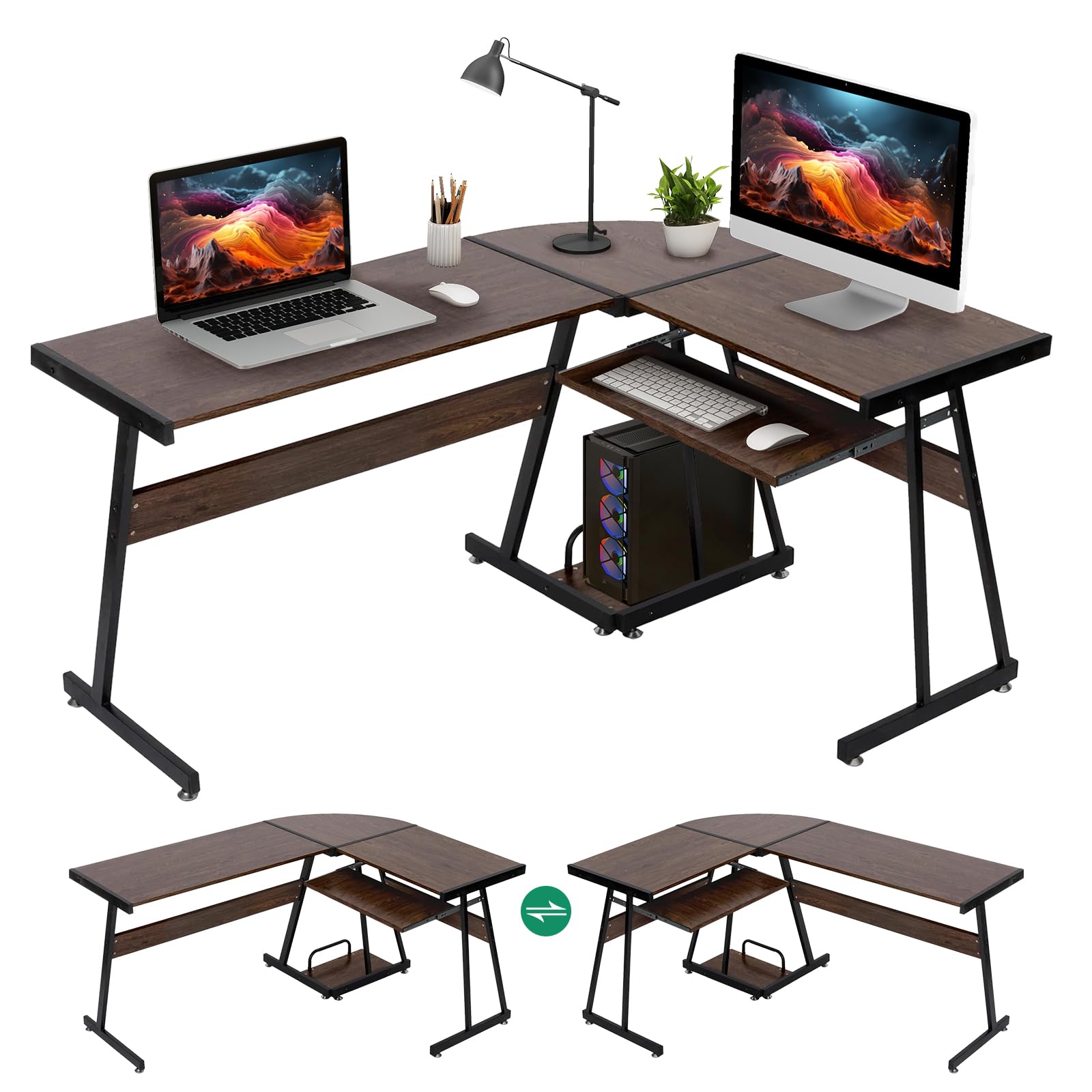 Airdown 57 Inch Reversible L Shaped Home Office Computer Desk with Keyboard Tray & CPU Stand for Bedroom, Dorm, Study Room, Chestnut